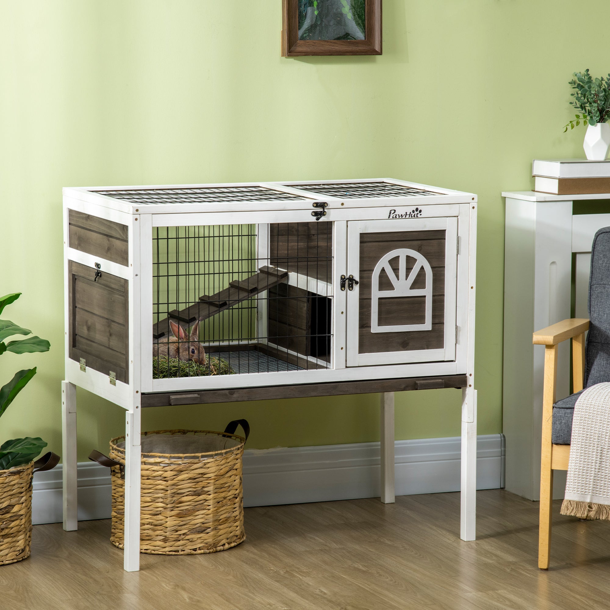 Rabbit Hutch, Indoor Elevated Bunny Cage with Run, Ladder, Slide-Out Tray and Lockable Doors, Rabbit House Guinea Pig Cage with Dual-Height Design, Coffee
