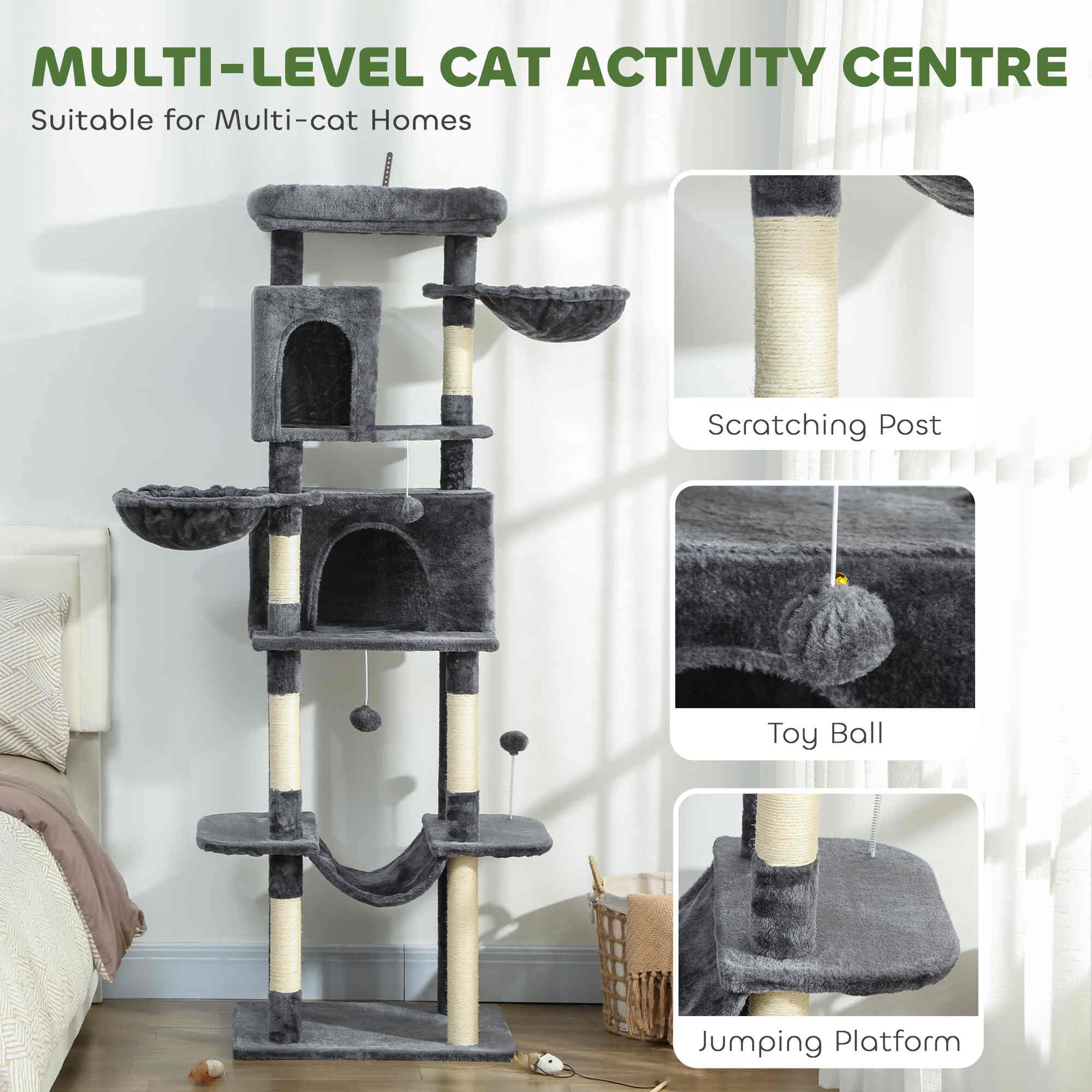Cat Tree, 69" Cat Tower for Indoor Kittens, Multi-Level Tower with 2 Condos, Scratching Posts, 2 Hammocks, Perches, Pompoms for Multiple Kitties, Dark Grey