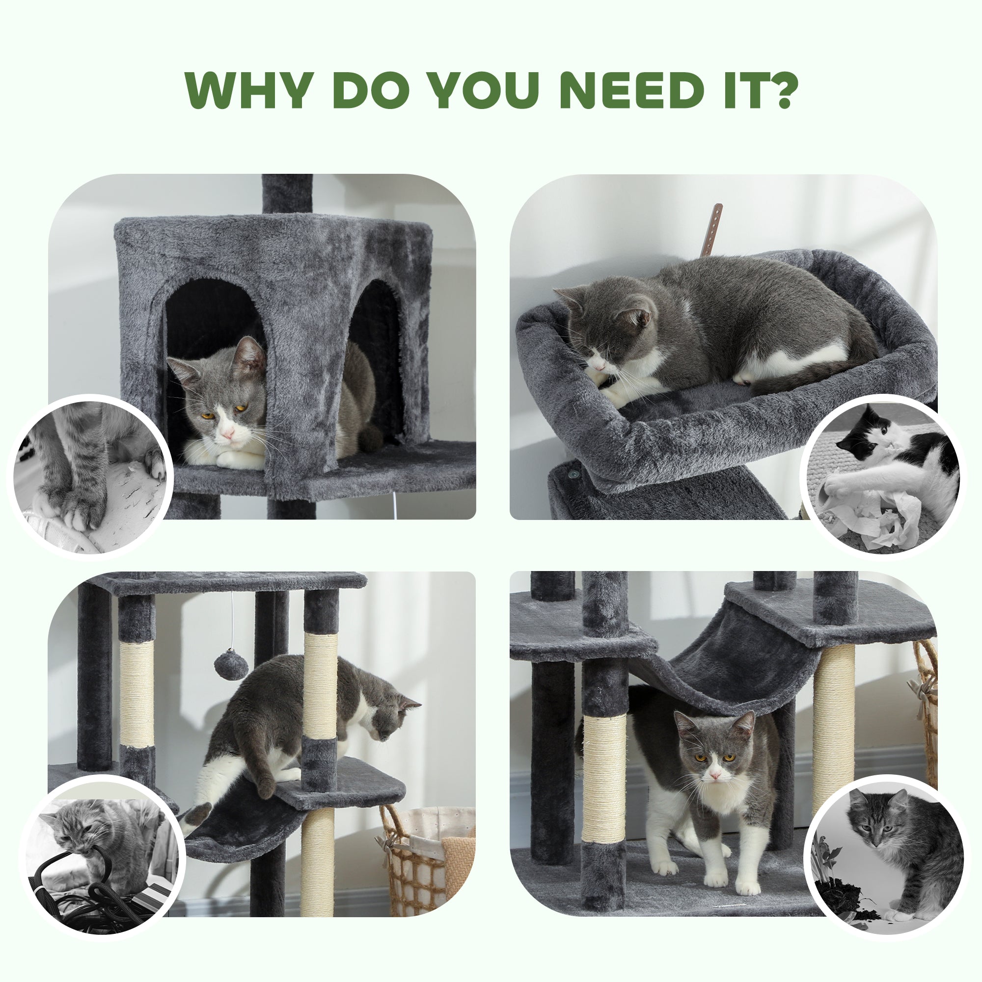 Cat Tree, 69" Cat Tower for Indoor Kittens, Multi-Level Tower with 2 Condos, Scratching Posts, 2 Hammocks, Perches, Pompoms for Multiple Kitties, Dark Grey