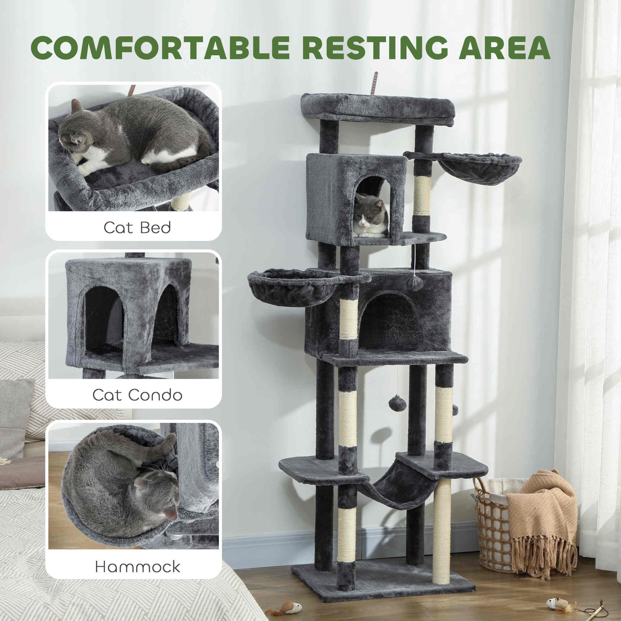 Cat Tree, 69" Cat Tower for Indoor Kittens, Multi-Level Tower with 2 Condos, Scratching Posts, 2 Hammocks, Perches, Pompoms for Multiple Kitties, Dark Grey