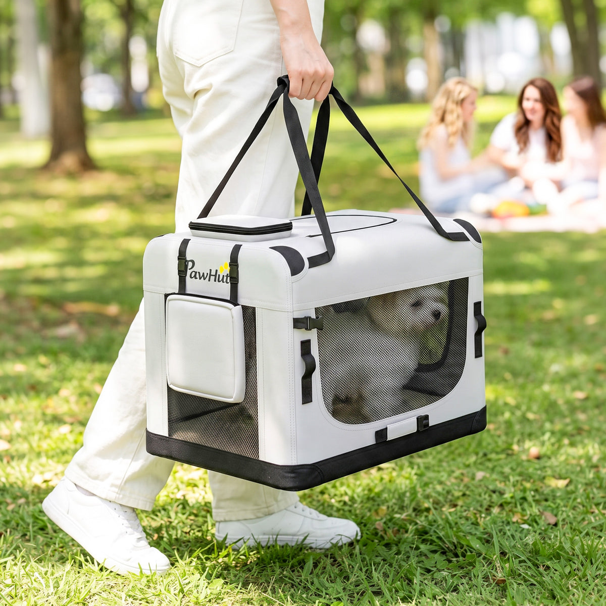 Pet Carrier Bag, Soft-Sided Dog Carrier for Small Dogs, Portable Pet Travel Bag with Security Buckle Strap, Mesh Windows, Washable Cushion and Bowl, Light Grey
