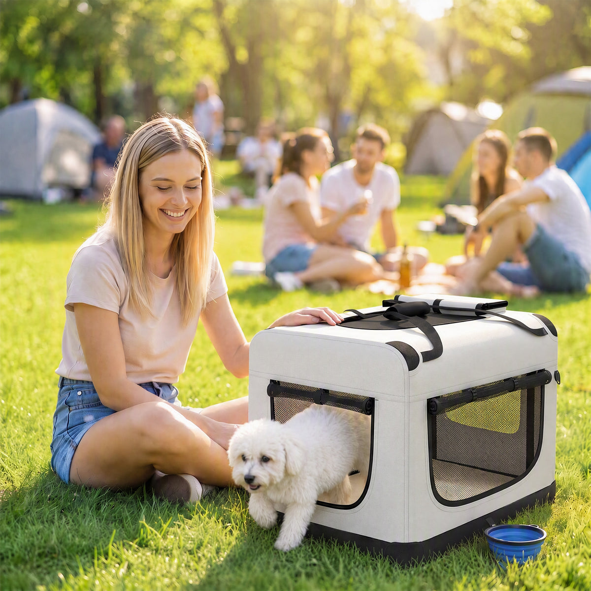 Pet Carrier Bag, Soft-Sided Dog Carrier for Small Dogs, Portable Pet Travel Bag with Security Buckle Strap, Mesh Windows, Washable Cushion and Bowl, Light Grey