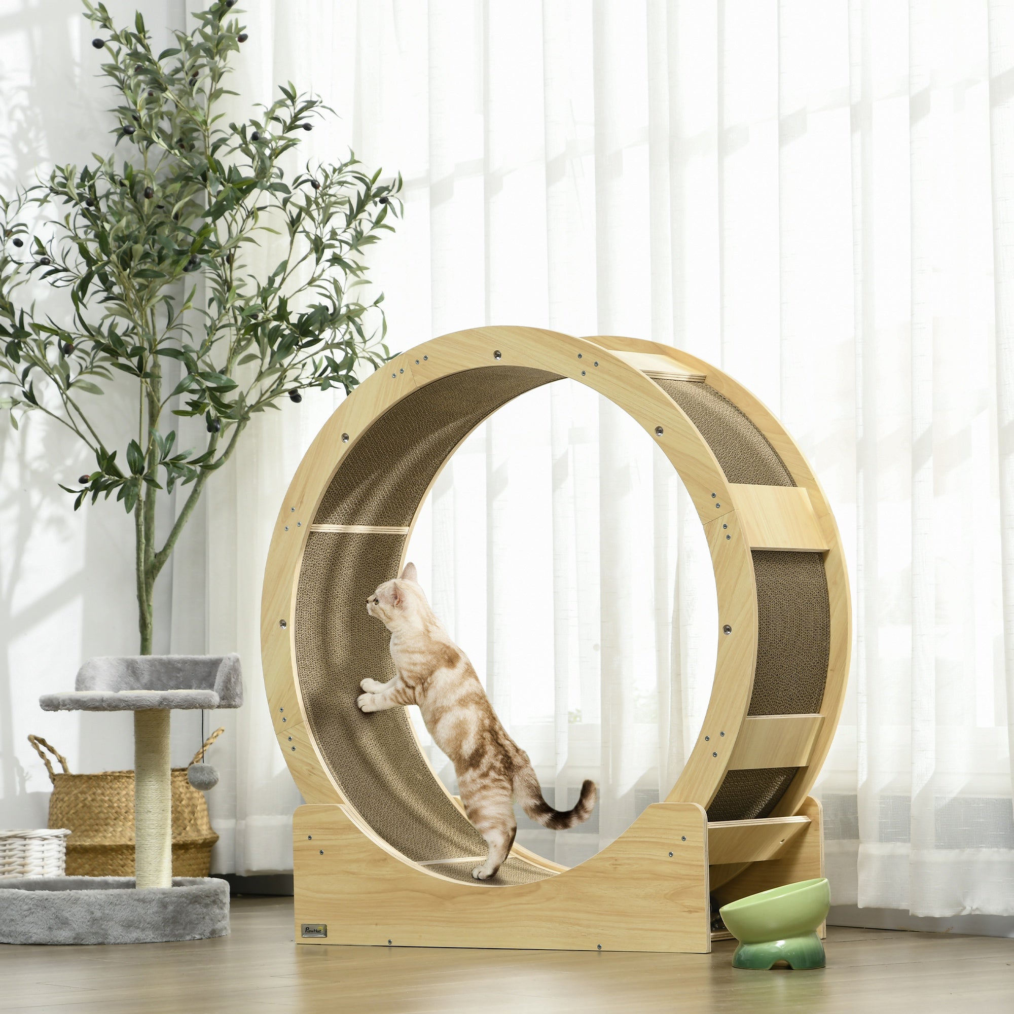 Cat Wheel for Indoor Cats, Cat Treadmill with Brake, Scratching Pads, Cat Exercise Wheel for Health - Oak Tone