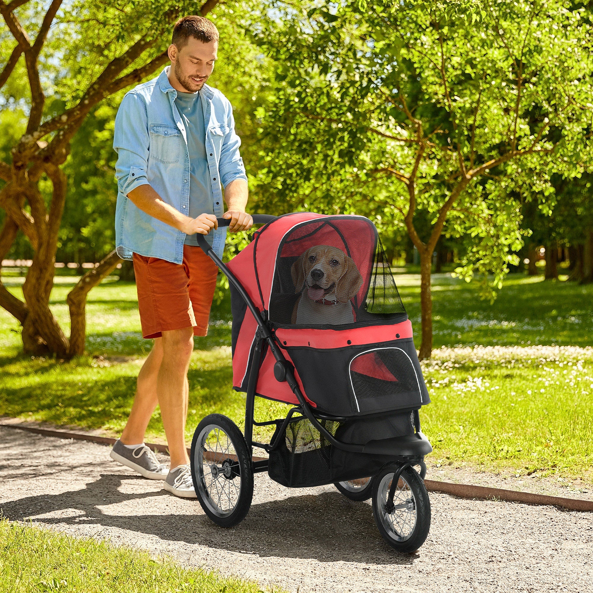 Pet Stroller for Small and Medium Dogs, 3 Big Wheels Cat Stroller Travel Folding Carrier with Adjustable Canopy, Safety Tether, Storage Basket, Red