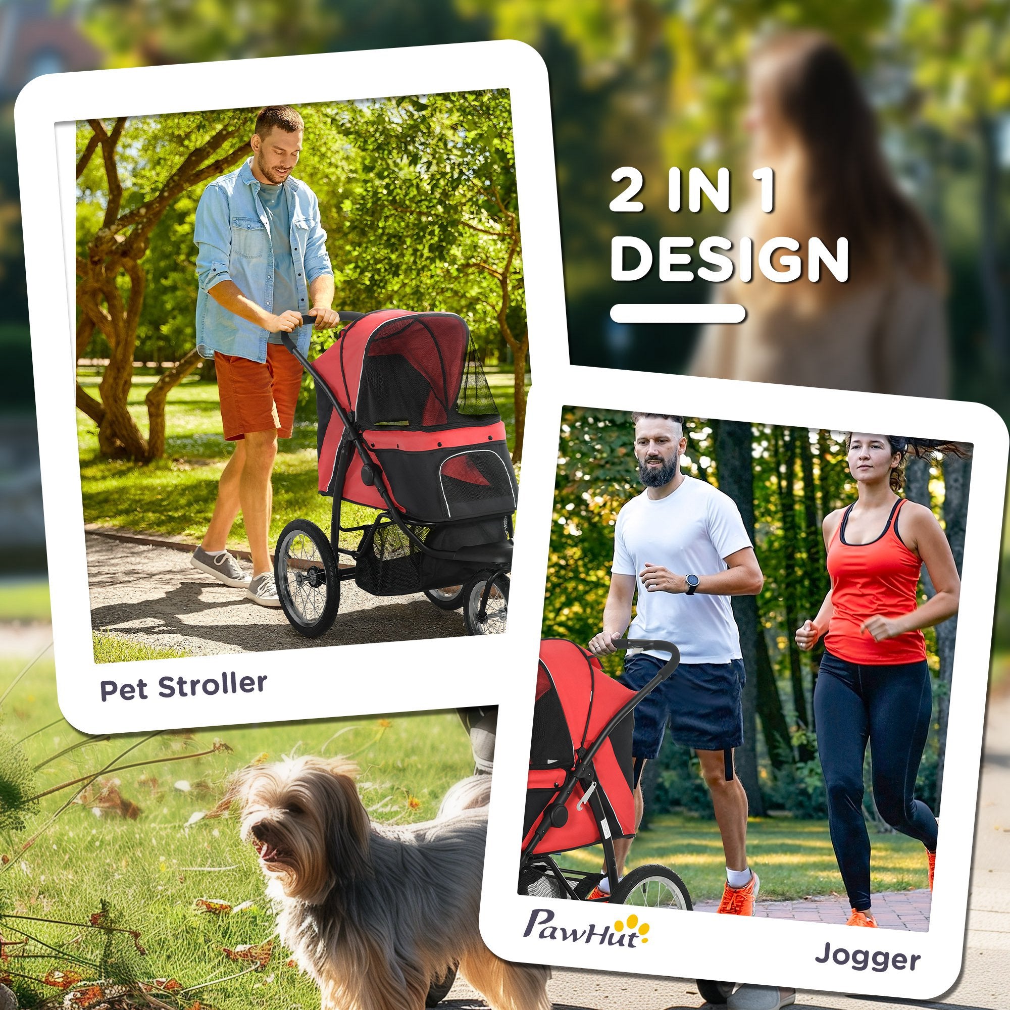 Pet Stroller for Small and Medium Dogs, 3 Big Wheels Cat Stroller Travel Folding Carrier with Adjustable Canopy, Safety Tether, Storage Basket, Red