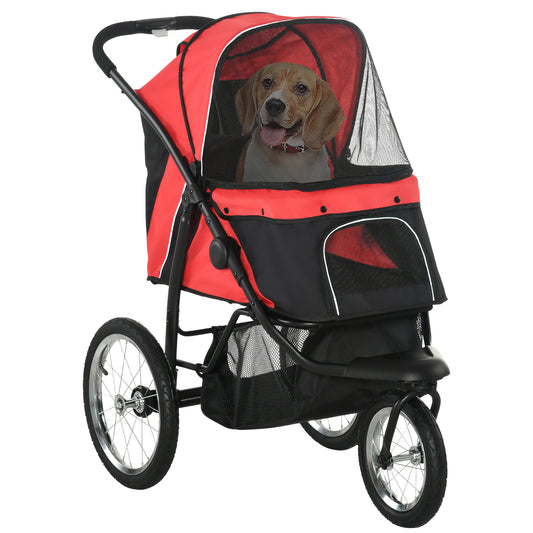 Pet Stroller for Small and Medium Dogs, 3 Big Wheels Cat Stroller Travel Folding Carrier with Adjustable Canopy, Safety Tether, Storage Basket, Red