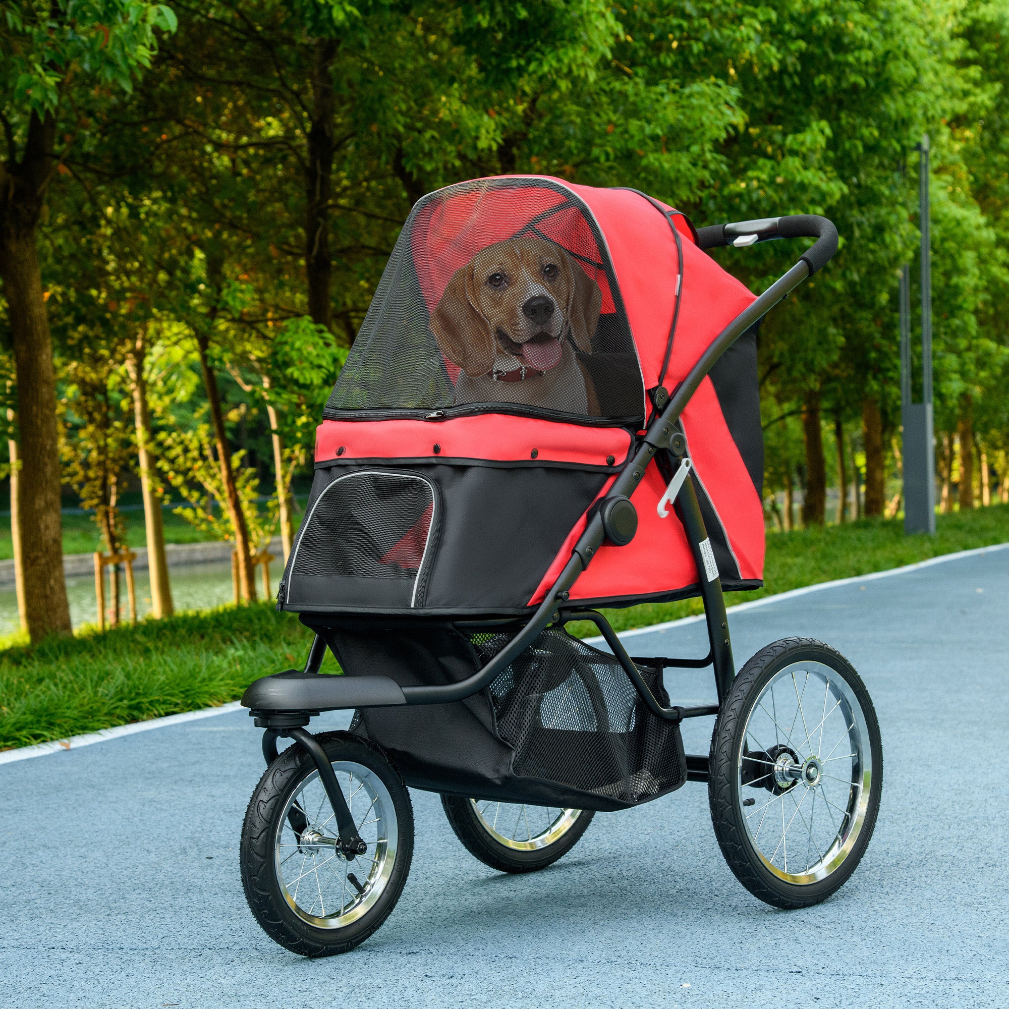 Pet Stroller for Small and Medium Dogs, 3 Big Wheels Cat Stroller Travel Folding Carrier with Adjustable Canopy, Safety Tether, Storage Basket, Red