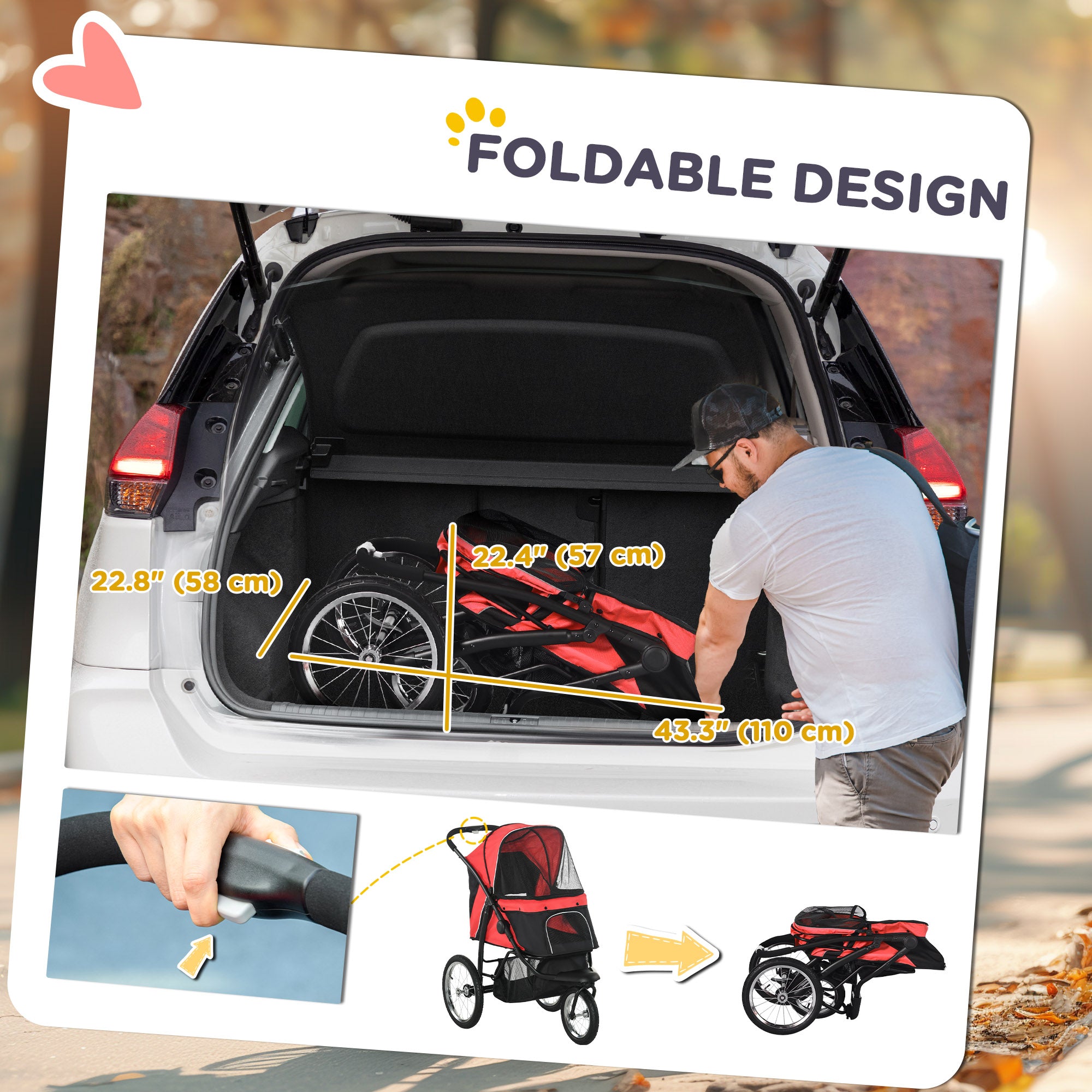 Pet Stroller for Small and Medium Dogs, 3 Big Wheels Cat Stroller Travel Folding Carrier with Adjustable Canopy, Safety Tether, Storage Basket, Red