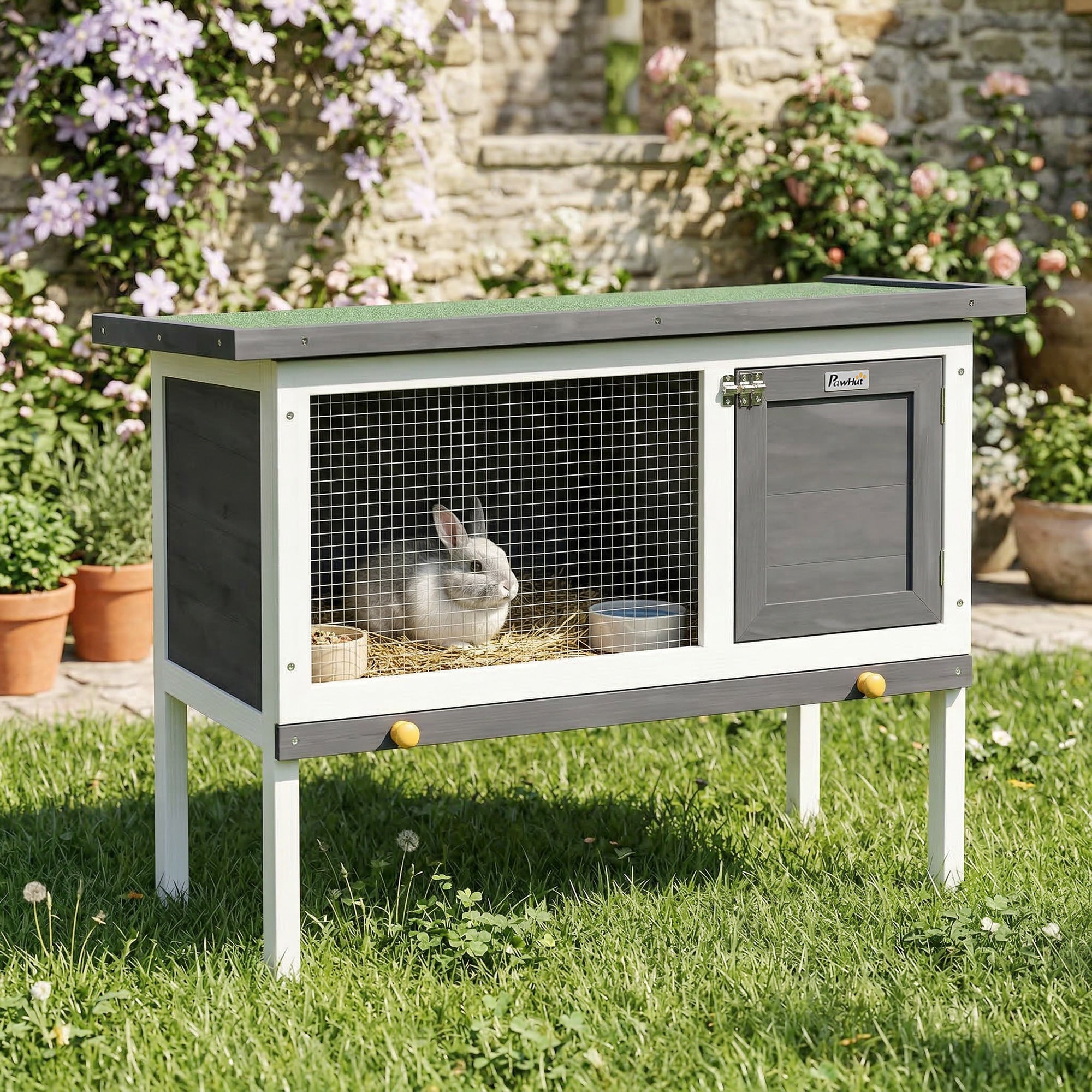Wooden Rabbit Hutch, Guinea Pig Hutch with Openable Asphalt Roof and Pull-Out Tray, Outdoor Elevated Bunny House for Rabbits, Chinchillas and Small Animals, Indoor Outdoor Use, Grey