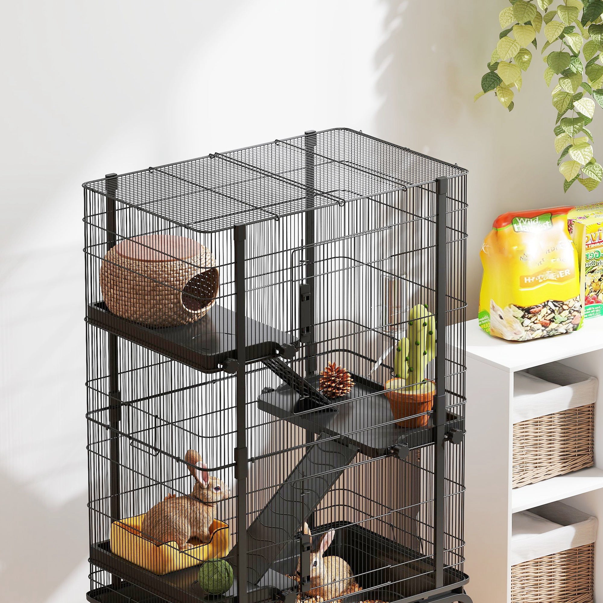 47"H Ferret Cage, Large 4-Tier Guinea Pig Cage with Wheels, Ramps, Bowl, Water Bottle & Removable Tray, Metal Small Animal Habitat for Rabbits, Chinchillas, Black
