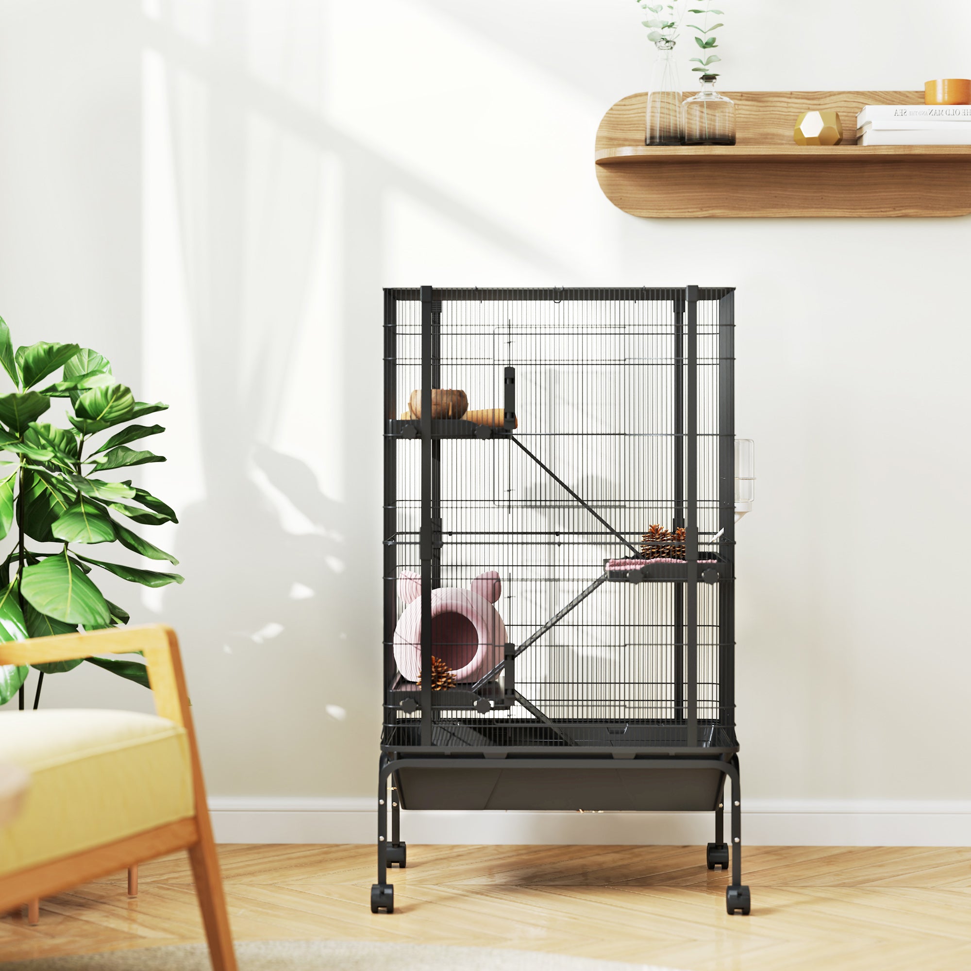 47"H Ferret Cage, Large 4-Tier Guinea Pig Cage with Wheels, Ramps, Bowl, Water Bottle & Removable Tray, Metal Small Animal Habitat for Rabbits, Chinchillas, Black