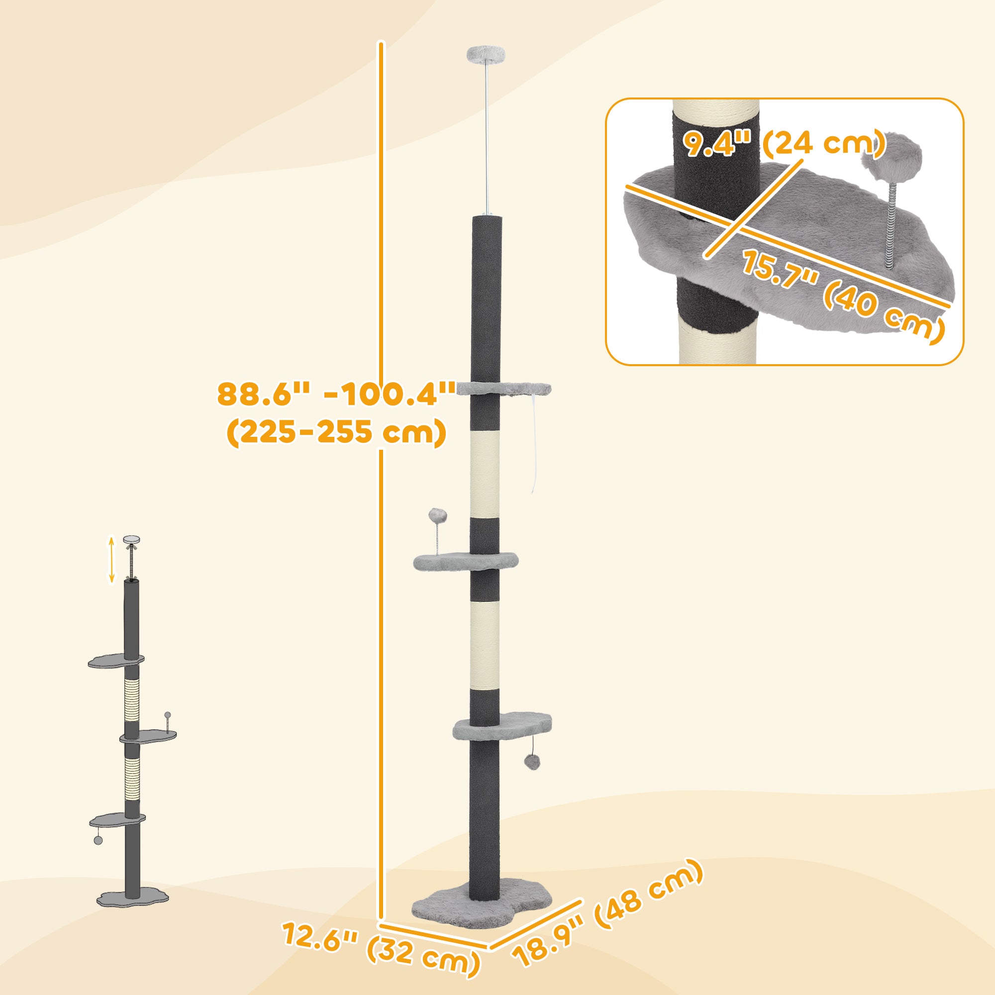 Floor to Ceiling Cat Tree with Scratching Posts, 88.5"-100.5" Adjustable Height Cat Tower with Cloud Shaped Platforms, Dangling Balls, Grey
