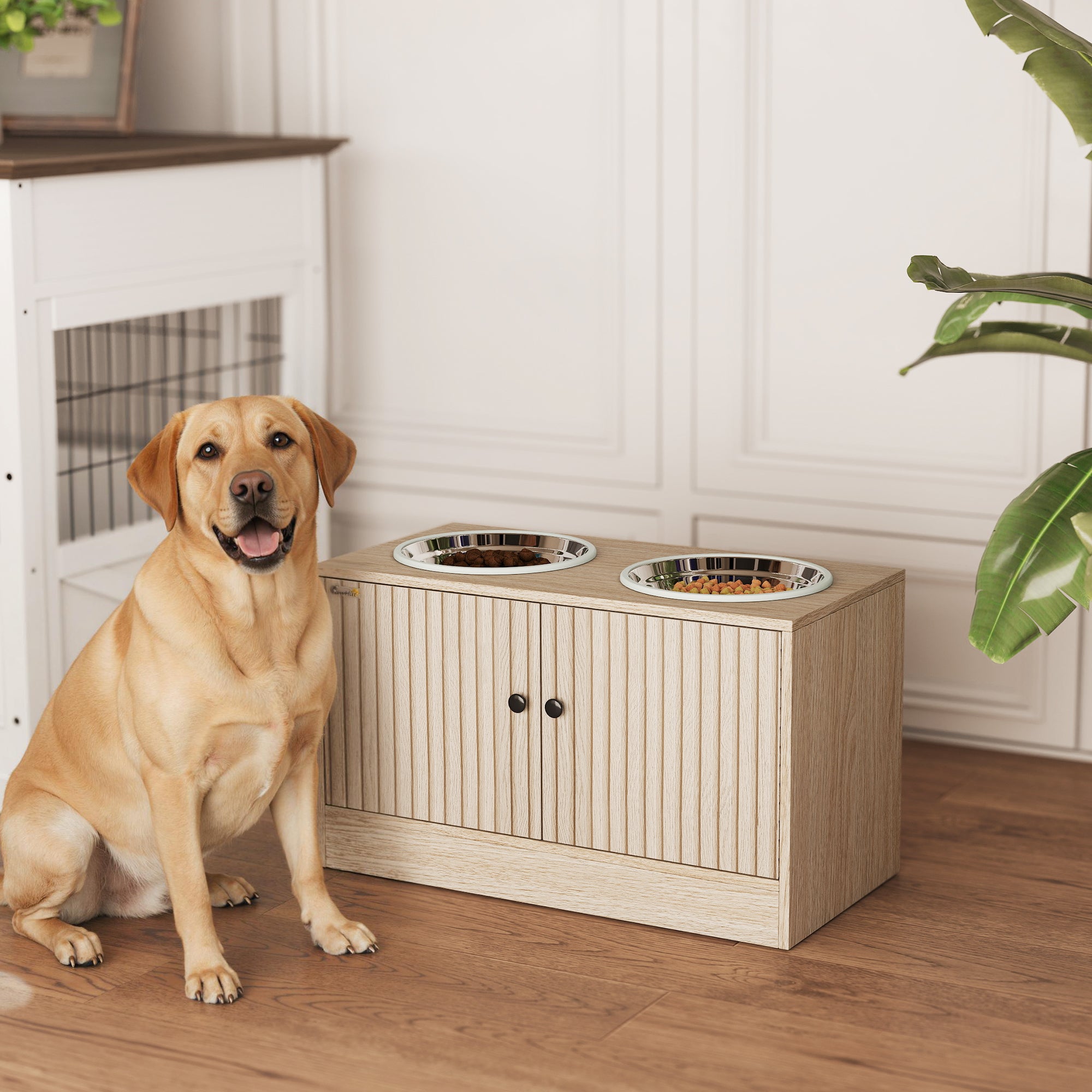 Elevated Dog Bowls with Storage Cabinet, Raised Dog Bowl Stand, Dog Feeding Station with Slow Feeder & Non-Slip, for Large Pets, Oak