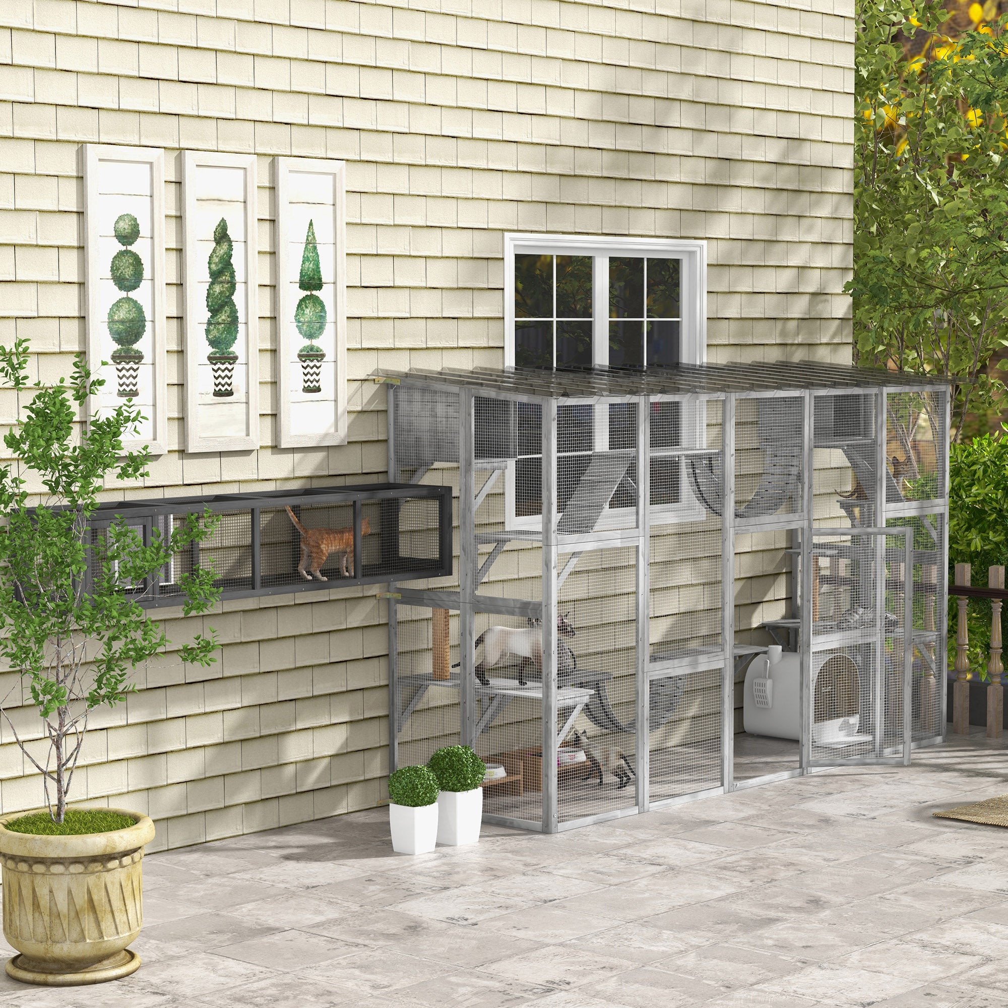 Catio, Large Outdoor Cat Enclosure with Cat Condos, Platforms, Ladders, Doors, Weather-Resistant Roof, Wooden Cat Cage for 1-4 Cats, Grey