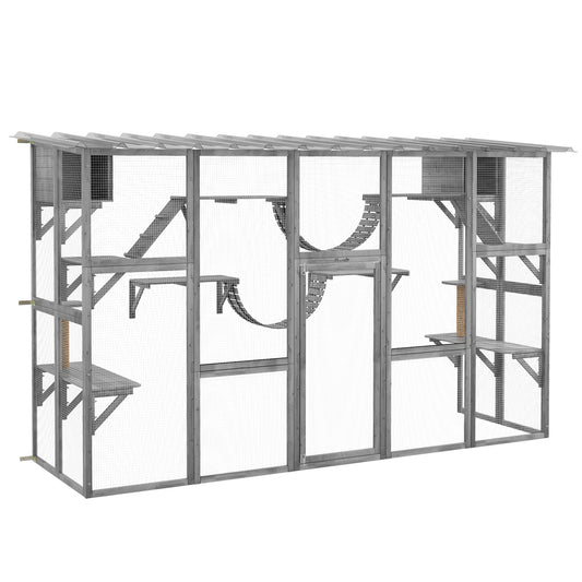 PawHut Catio Playground Cat Window Box Outside Enclosure, Outdoor Cat House with Weather Protection Roof for Multiple Kitties, Wooden Frame, Shelves & Bridges, 118" x 37.5" x 74", Gray