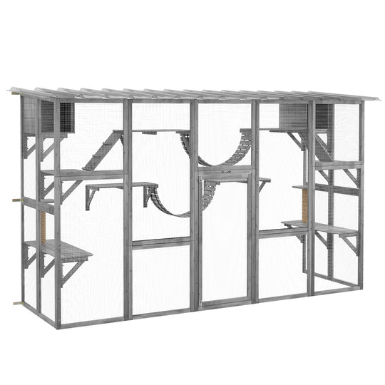 PawHut Catio Playground Cat Window Box Outside Enclosure, Outdoor Cat House with Weather Protection Roof for Multiple Kitties, Wooden Frame, Shelves & Bridges, 118" x 37.5" x 74", Gray