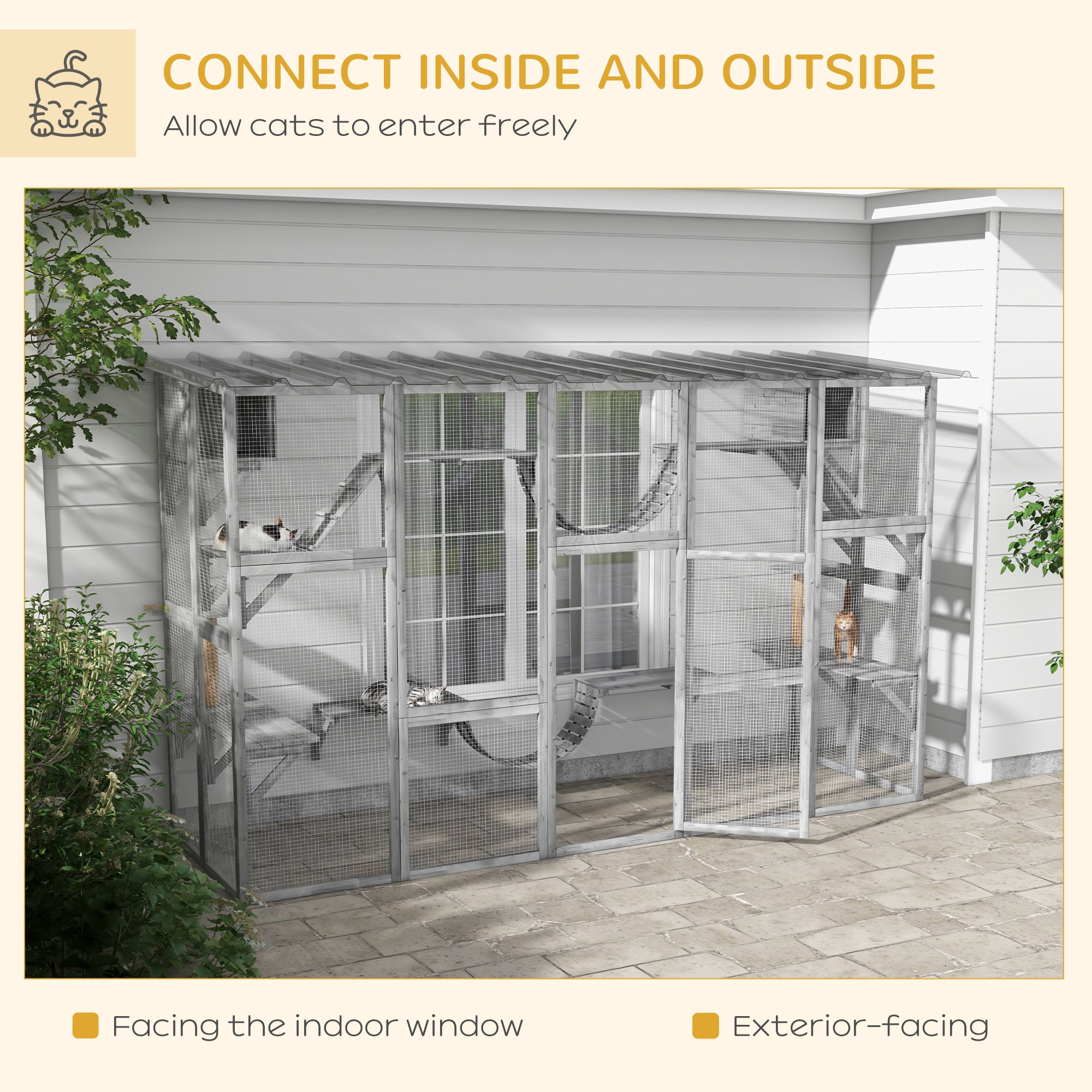 Catio, Large Outdoor Cat Enclosure with Cat Condos, Platforms, Ladders, Doors, Weather-Resistant Roof, Wooden Cat Cage for 1-4 Cats, Grey