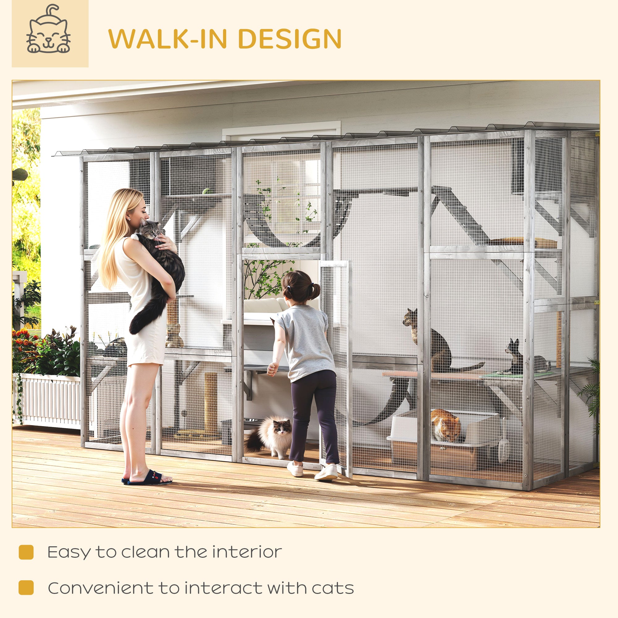 Catio, Large Outdoor Cat Enclosure with Cat Condos, Platforms, Ladders, Doors, Weather-Resistant Roof, Wooden Cat Cage for 1-4 Cats, Grey