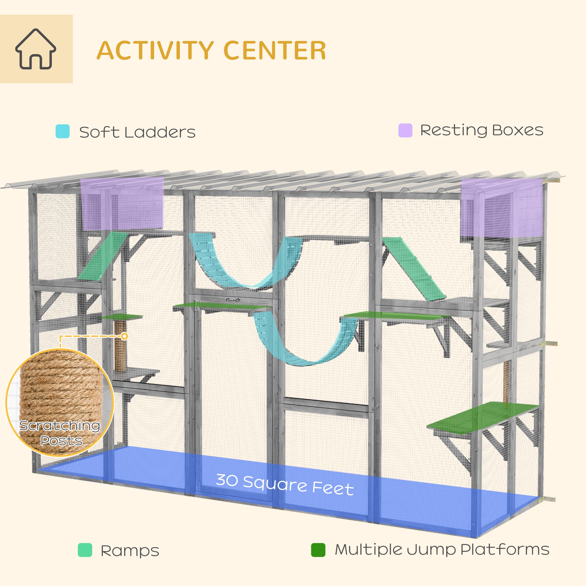 Catio, Large Outdoor Cat Enclosure with Cat Condos, Platforms, Ladders, Doors, Weather-Resistant Roof, Wooden Cat Cage for 1-4 Cats, Grey
