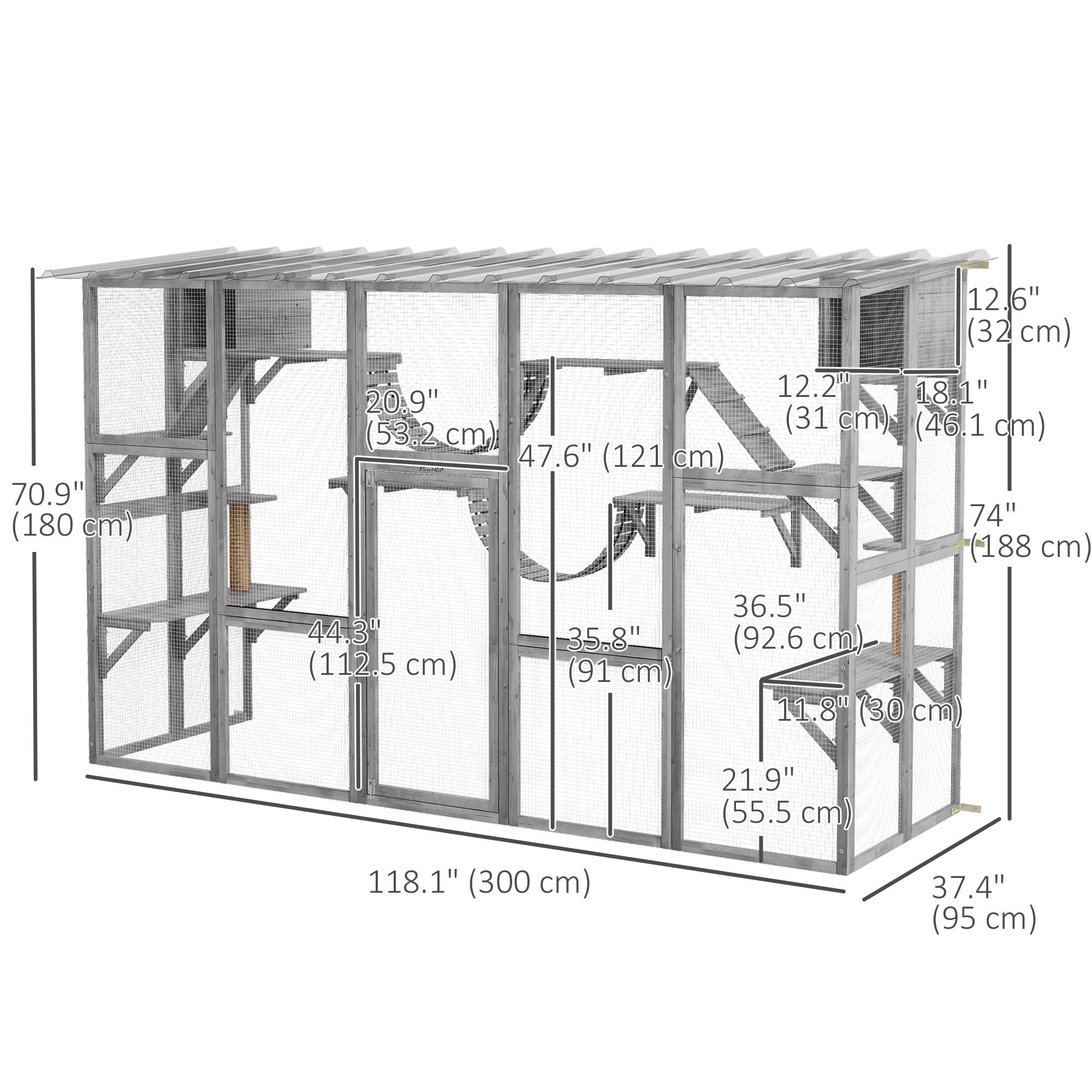 Catio, Large Outdoor Cat Enclosure with Cat Condos, Platforms, Ladders, Doors, Weather-Resistant Roof, Wooden Cat Cage for 1-4 Cats, Grey