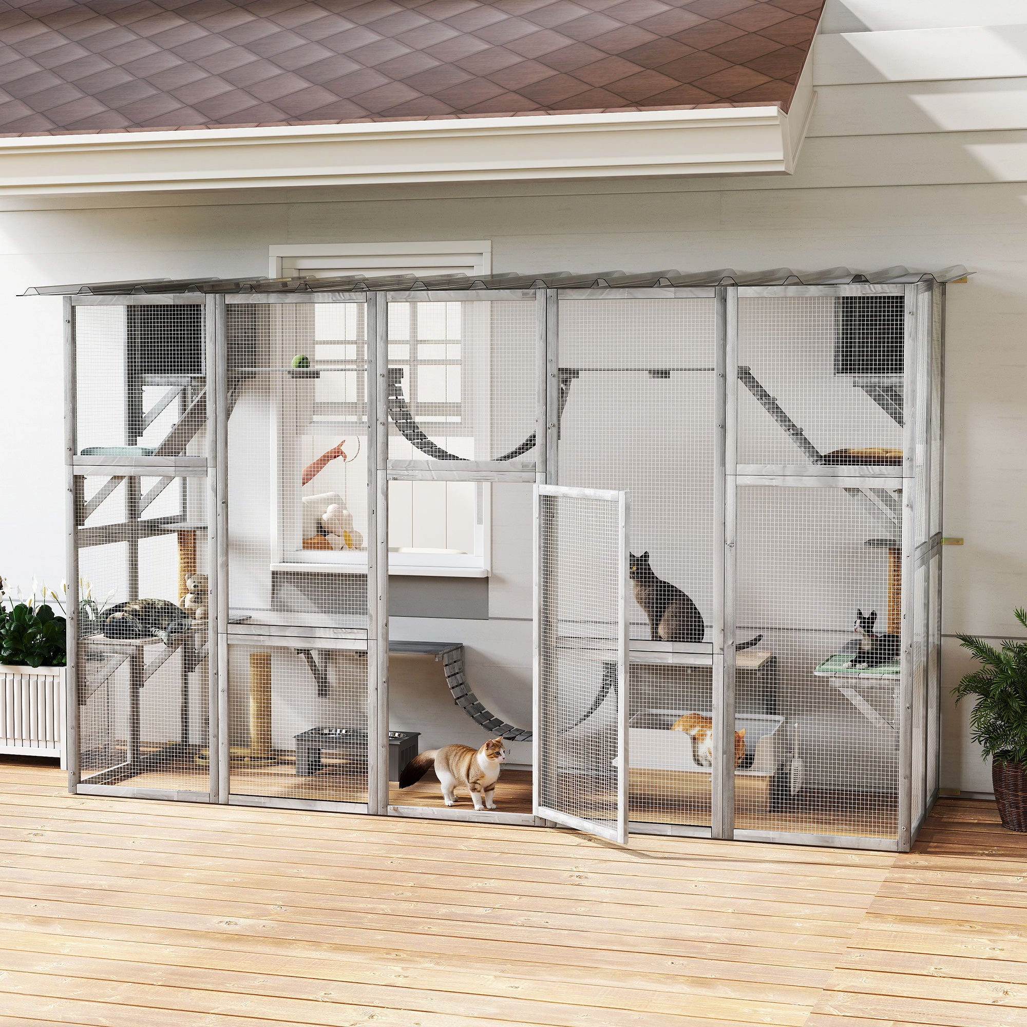 Catio, Large Outdoor Cat Enclosure with Cat Condos, Platforms, Ladders, Doors, Weather-Resistant Roof, Wooden Cat Cage for 1-4 Cats, Grey