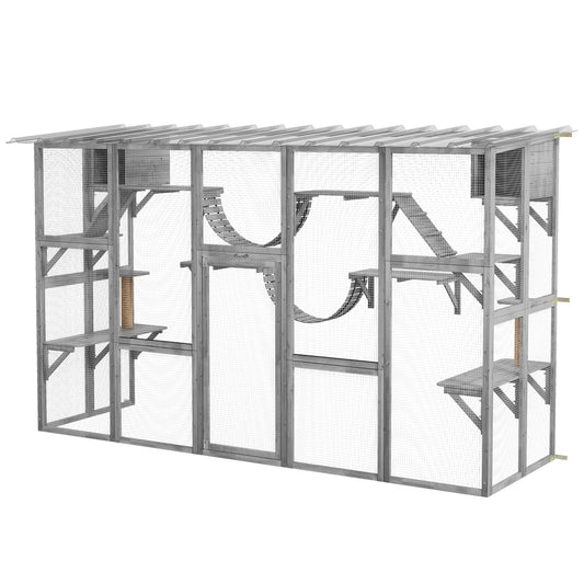 PawHut Catio Playground Cat Window Box Outside Enclosure, Outdoor Cat House with Weather Protection Roof for Multiple Kitties, Wooden Frame, Shelves & Bridges, 118" x 37.5" x 74", Gray