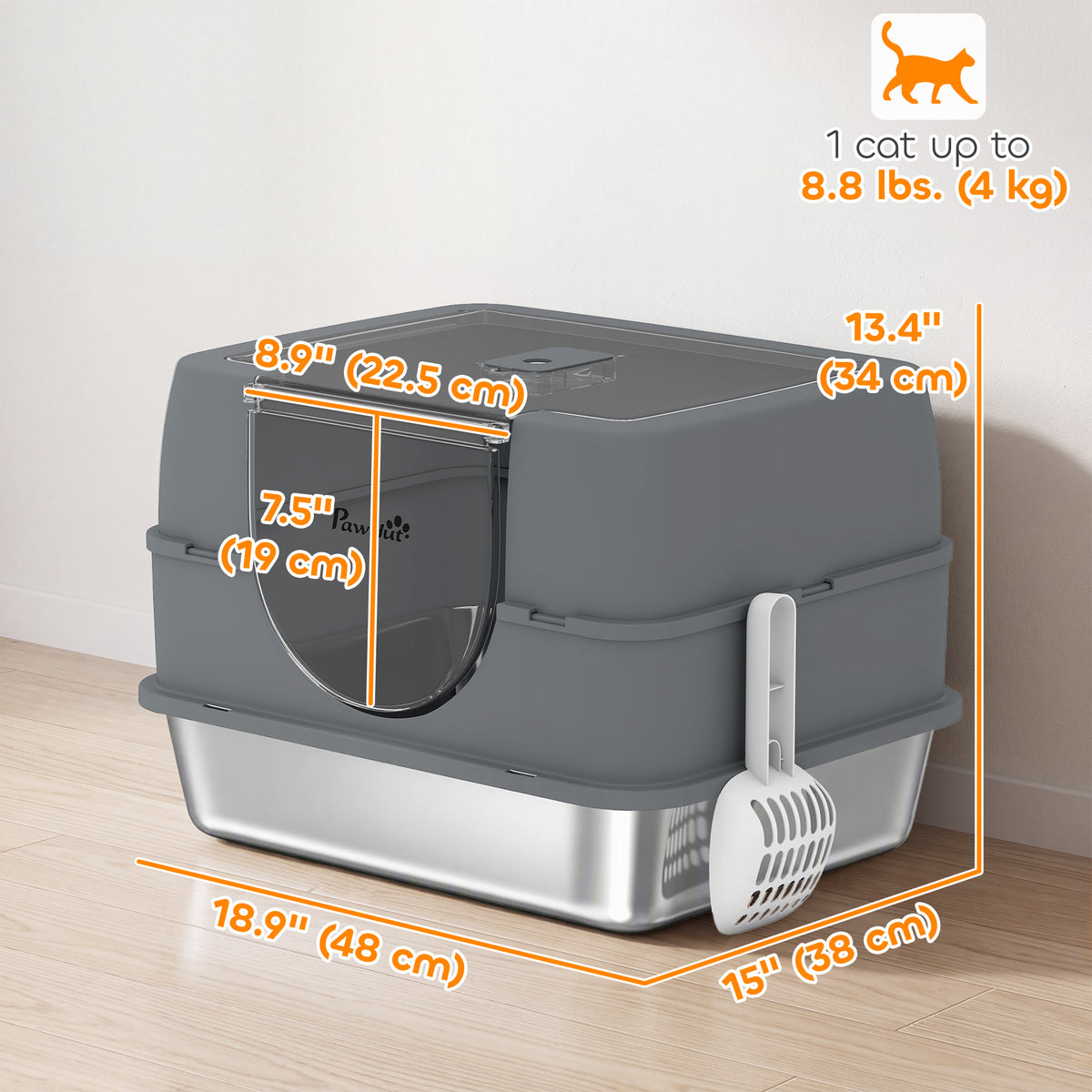 Stainless Steel Cat Litter Box with Lid, High Sided Enclosed Litter Box with Removable Lid, Tray, Scoop, Easy to Clean, Odor Control, Anti-Leakage, Grey