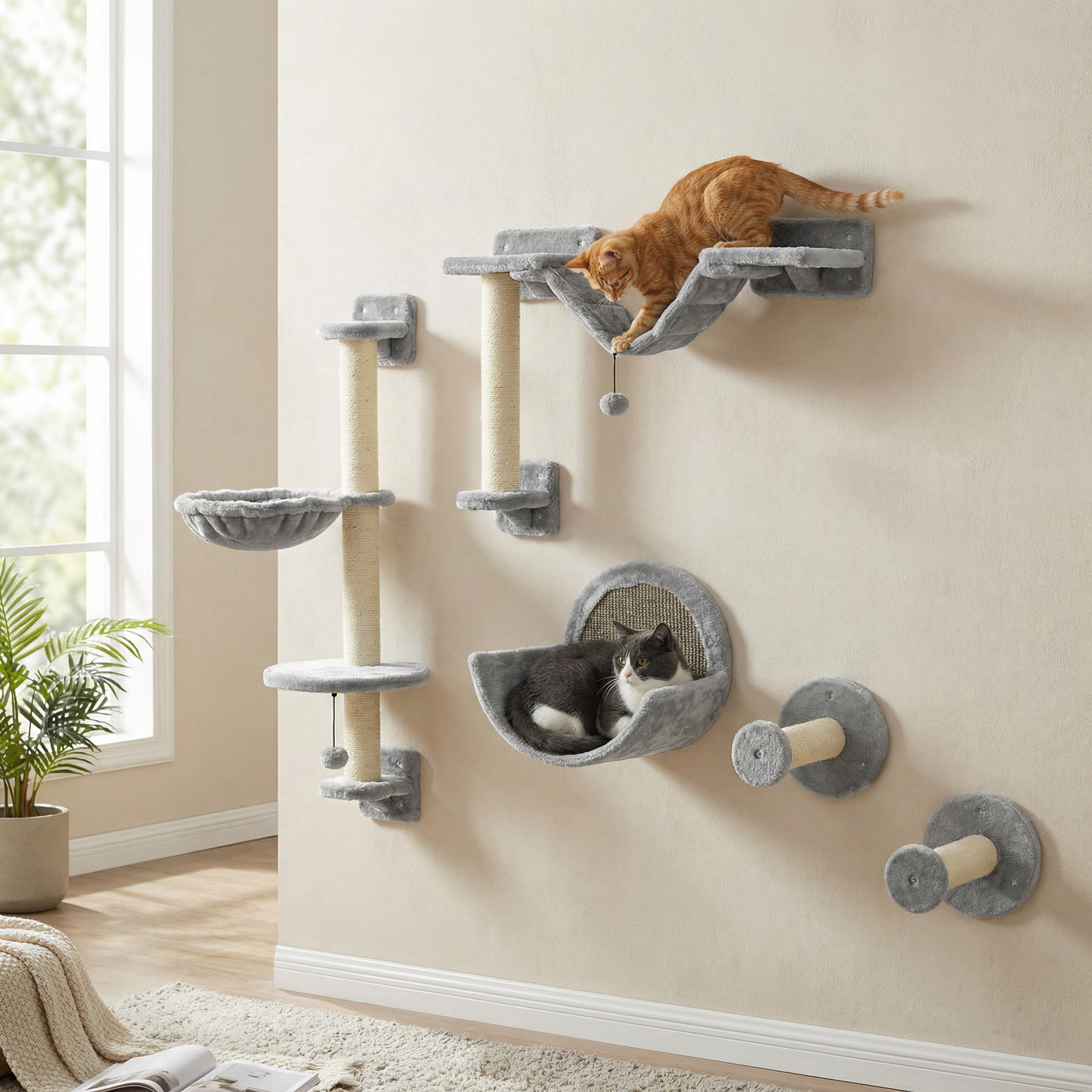 5PCs Cat Shelves with Scratching Post, Perches, Bridge, Steps, Condo, Hammock, Light Grey
