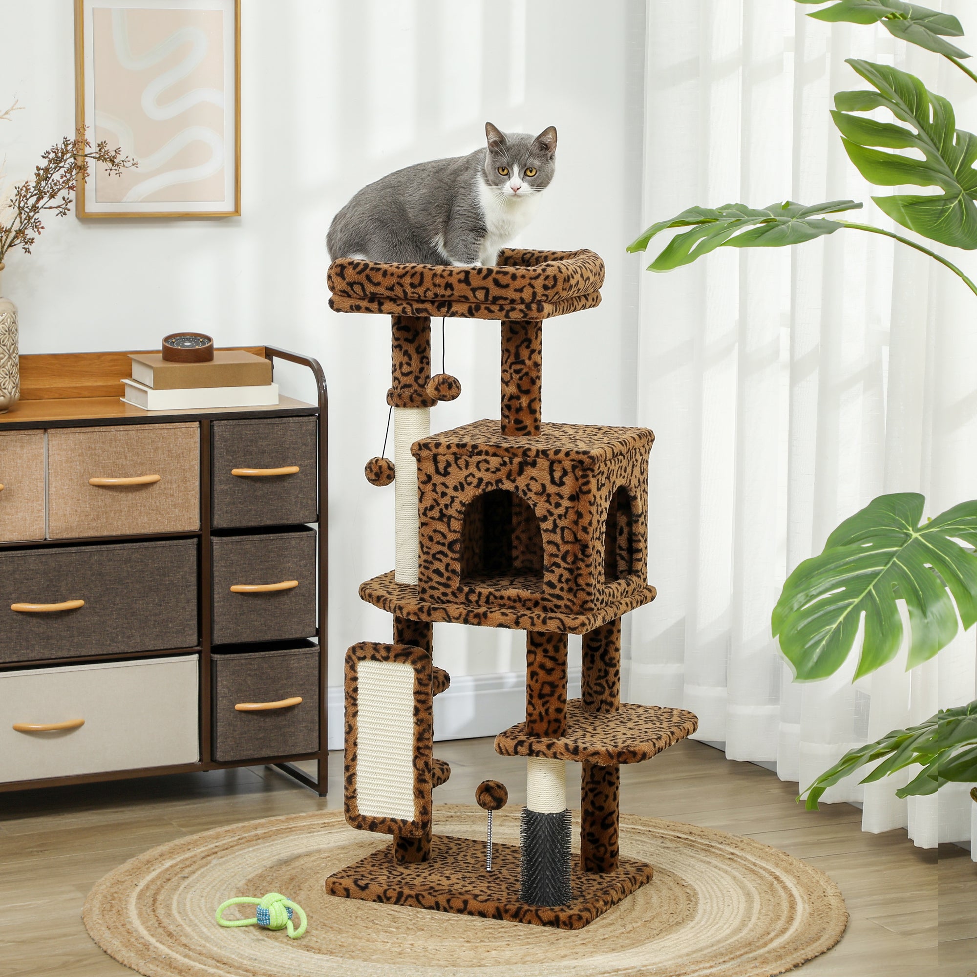 Cat Tree for Large Cat Adults, 41 Inch Cat Tower for Indoor Cats w/ Scratching Posts, Cat Bed, Condo, Jumping Platforms, Toy Balls, Leopard Print
