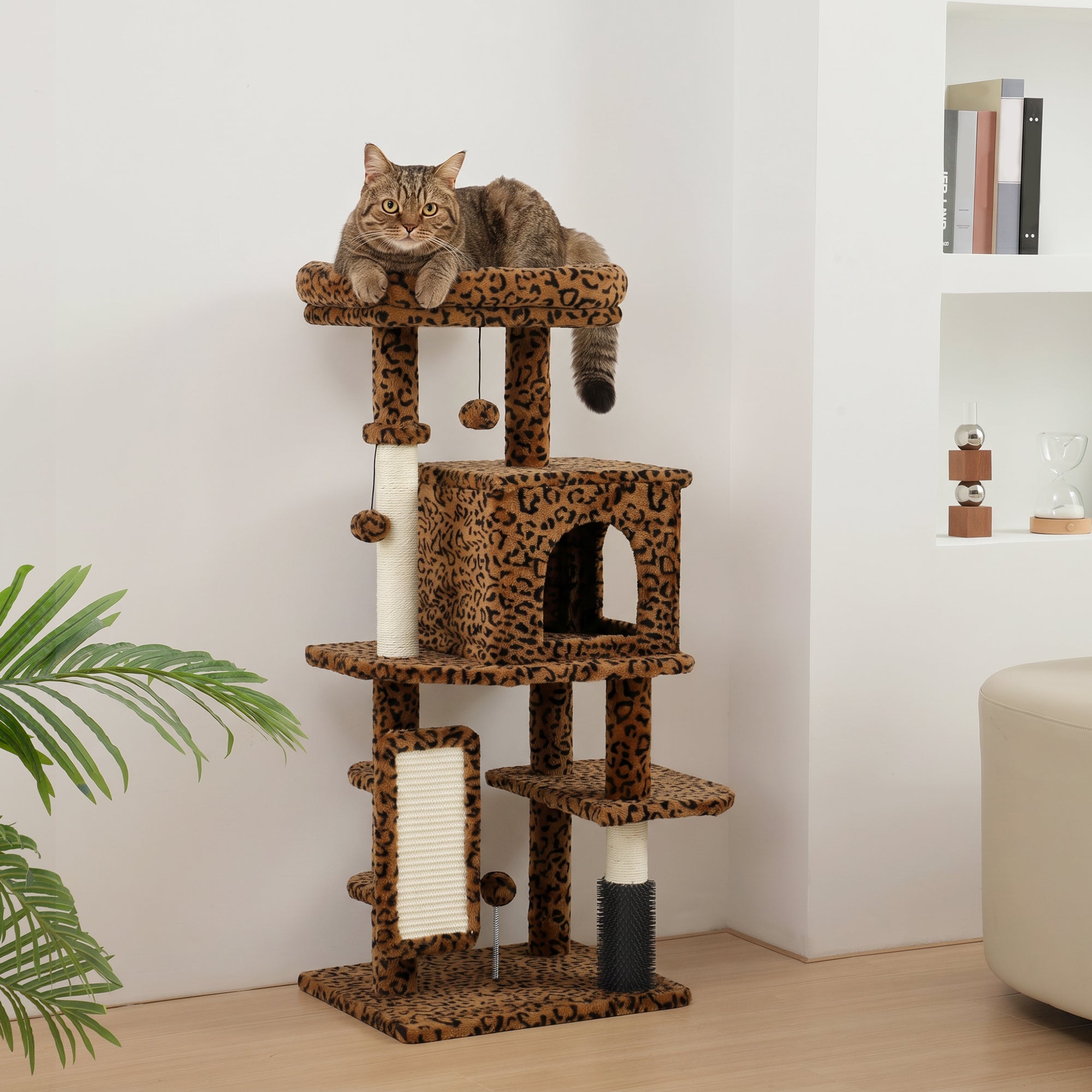 Cat Tree for Large Cat Adults, 41 Inch Cat Tower for Indoor Cats w/ Scratching Posts, Cat Bed, Condo, Jumping Platforms, Toy Balls, Leopard Print