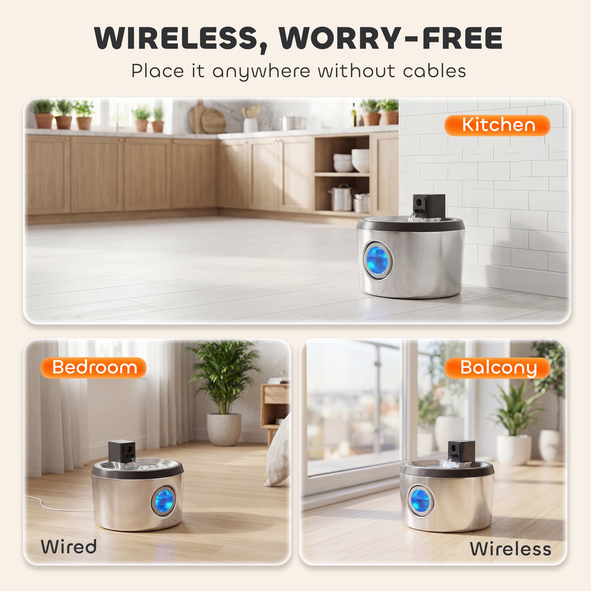 Wireless Cat Water Fountain for Drinking Stainless Steel, 4L/135oz Large Battery Operated Cat Fountain Cordless, Ultra-Quiet Pet Water Dispenser with Motion Sensor, 6 Filters, Rechargeable