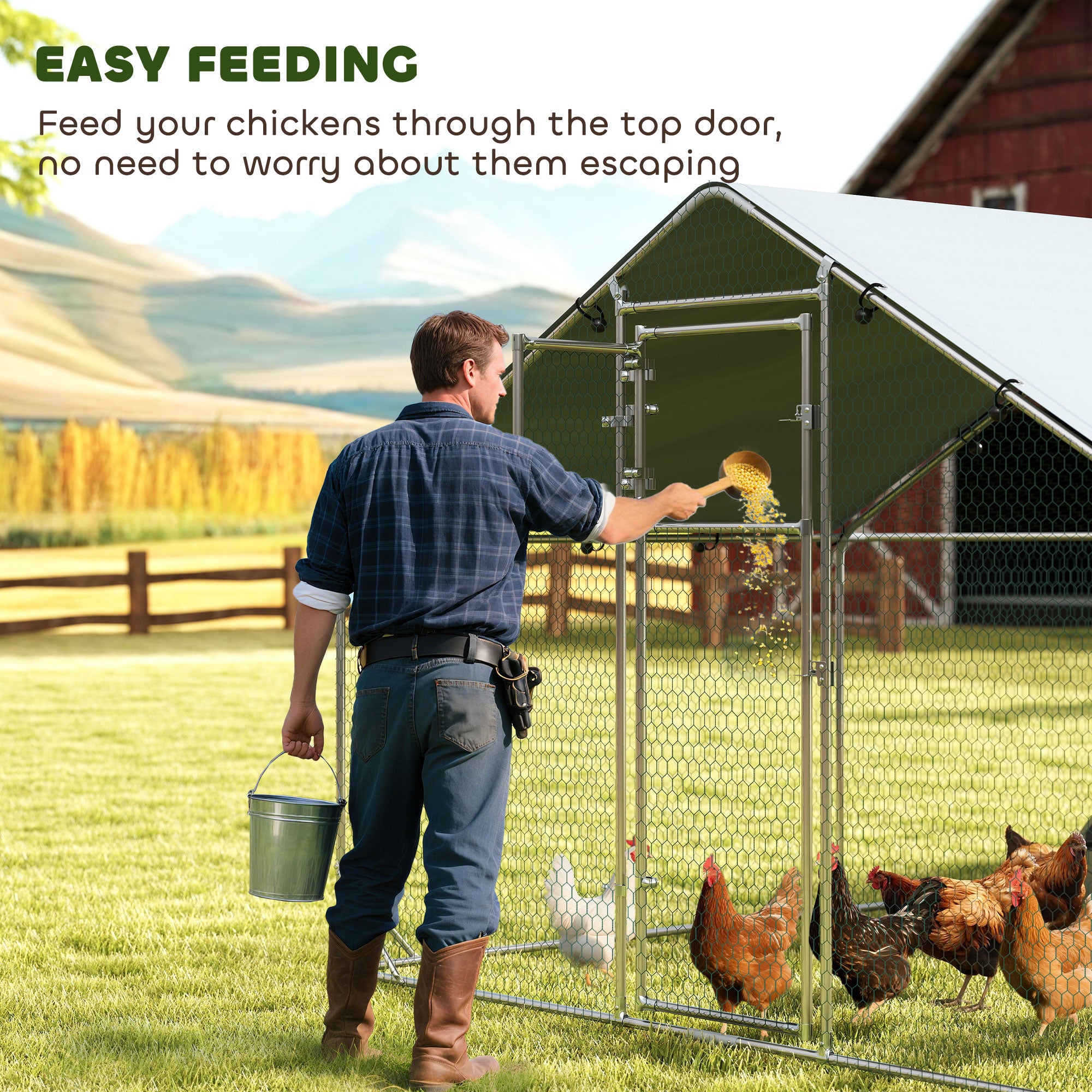 Metal Chicken Coop, 26' x 10' x 6.4' Large Chicken Run Hen House with Feeding Door, Waterproof Cover, Hanging Feeder, Perch, Poultry Cage for Outdoor, Backyard, Farm for 24-30 Hens