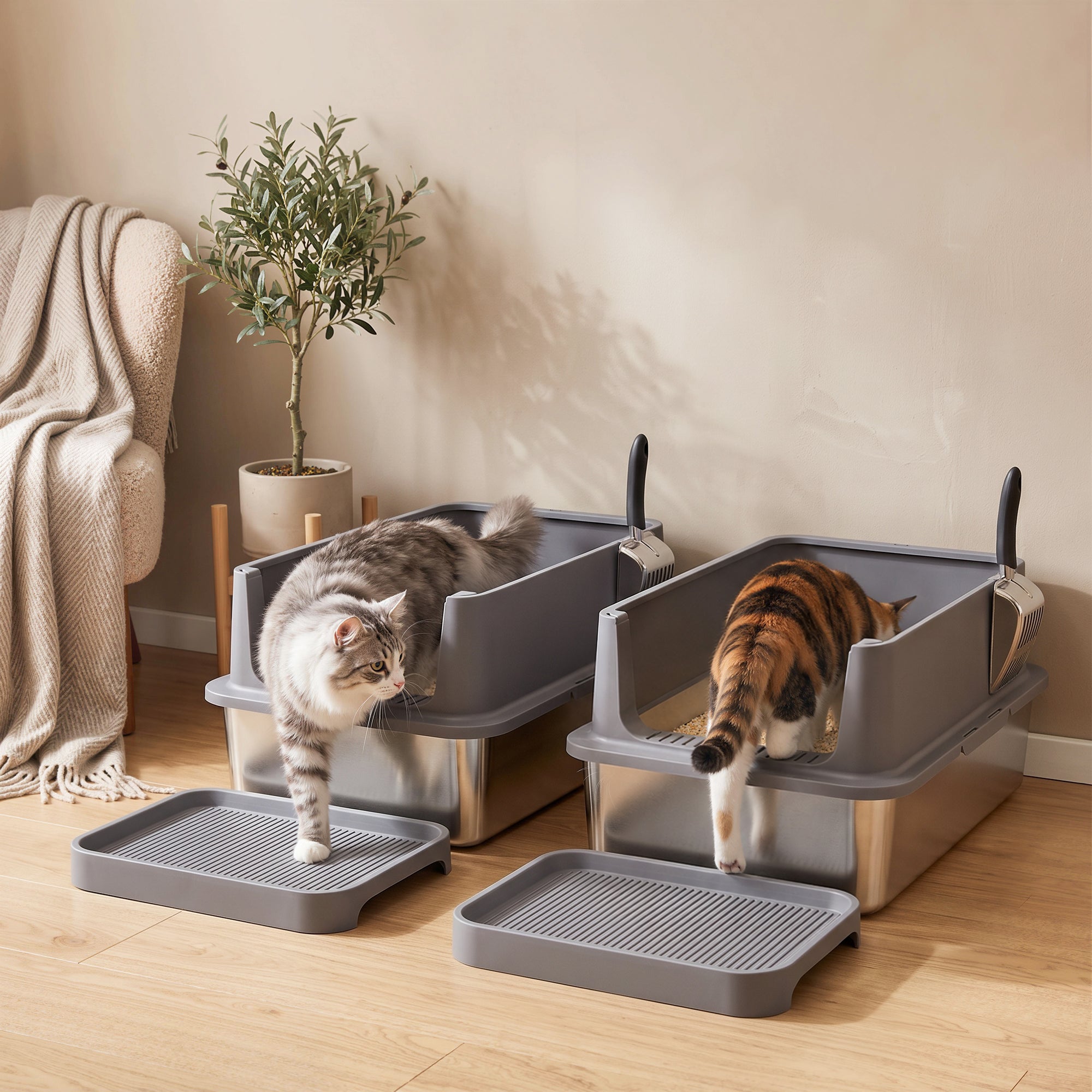 2 Pack XL Stainless Steel Litter Box, Extra Large Metal Cat Litter Box High Sided for Big and Multiple Cats, Semi-Enclosed with Tracking Step, Stainless Steel Scoops, Anti-Urine Leakage