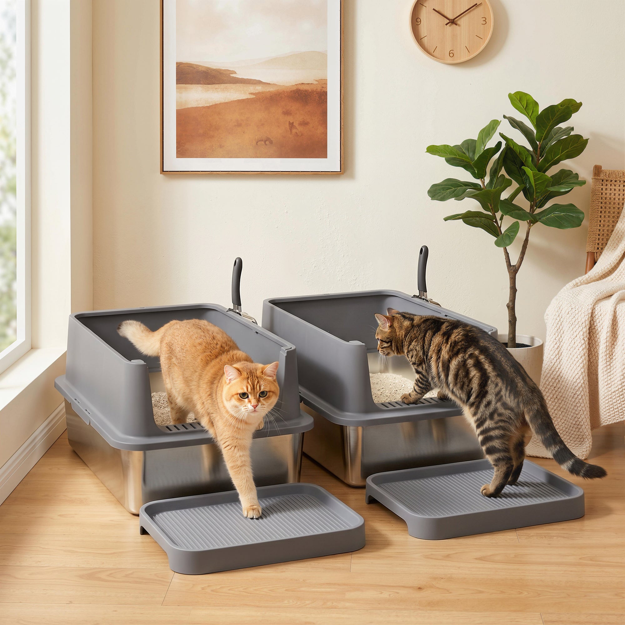 2 Pack XL Stainless Steel Litter Box, Extra Large Metal Cat Litter Box High Sided for Big and Multiple Cats, Semi-Enclosed with Tracking Step, Stainless Steel Scoops, Anti-Urine Leakage