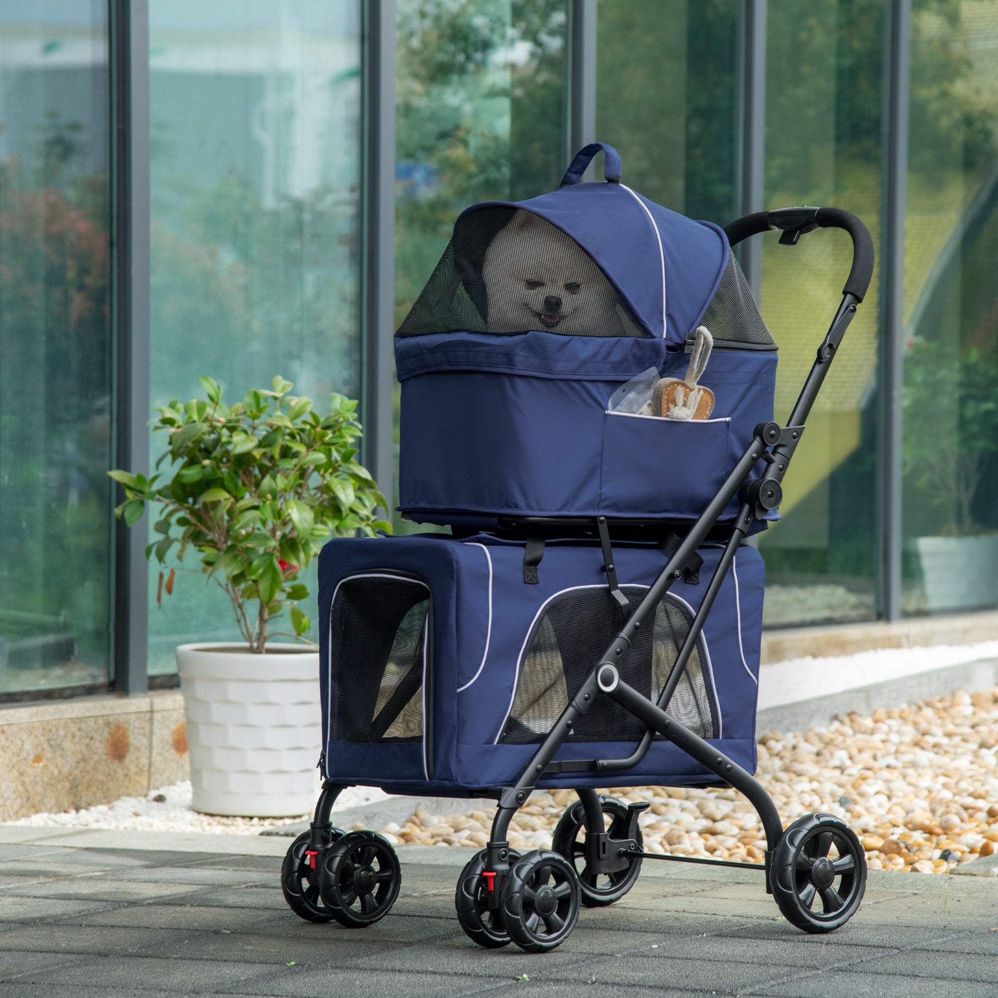 3-in-1 Double Pet Stroller for Small Miniature Dogs Cats with Removable Carrier, Foldable Travel Carrier Bag, Car Seat, Blue