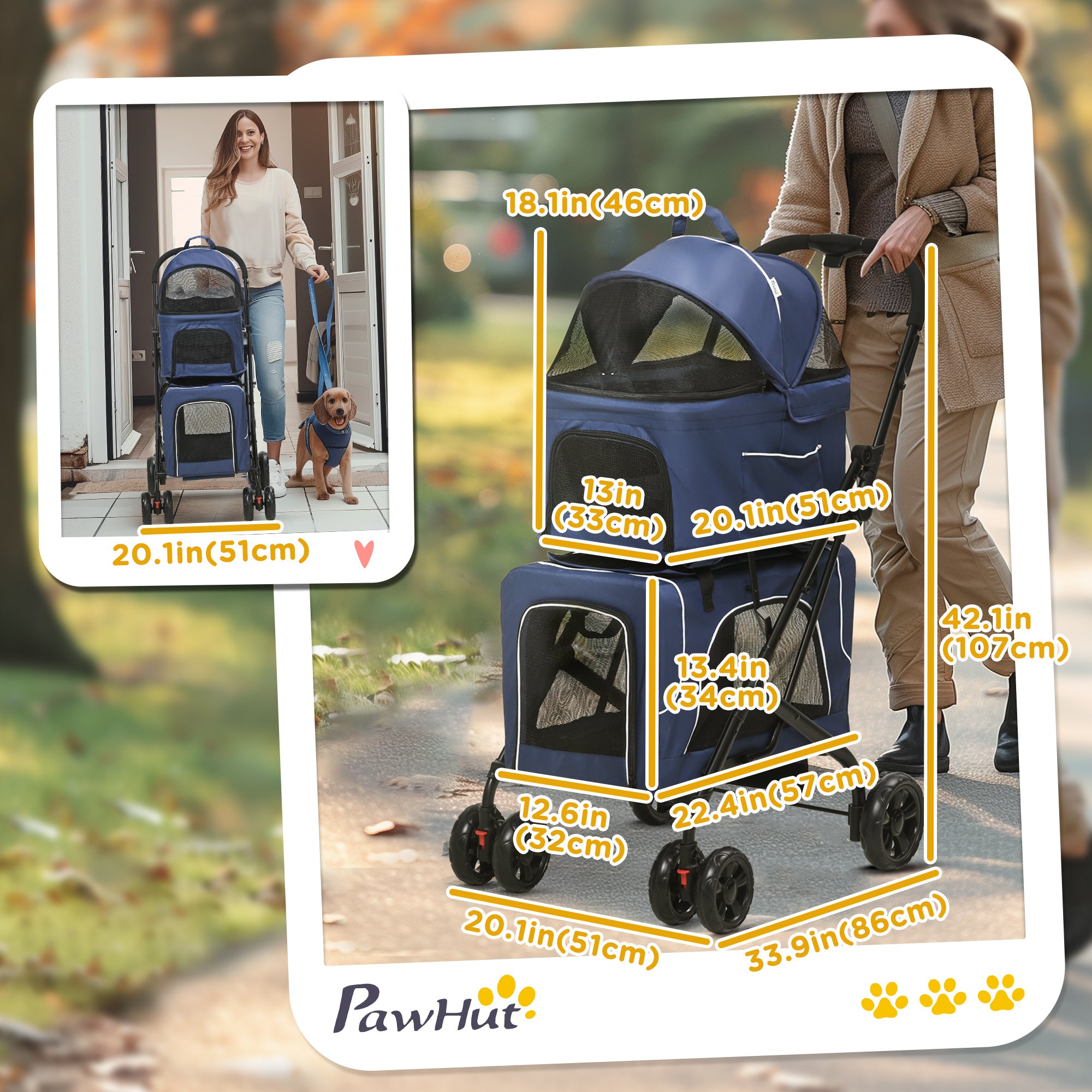 3-in-1 Double Pet Stroller for Small Miniature Dogs Cats with Removable Carrier, Foldable Travel Carrier Bag, Car Seat, Blue