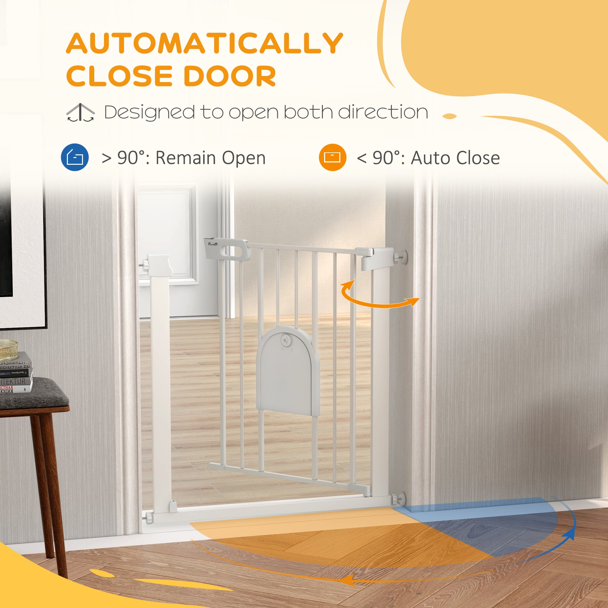 30"-32" Extra Wide Pet Gate with Small Door, 30"H Dog Gate with Safety Gate Barrier, Stair Pressure Fit, Auto Close, Double Locking, for Doorways, Hallways, White