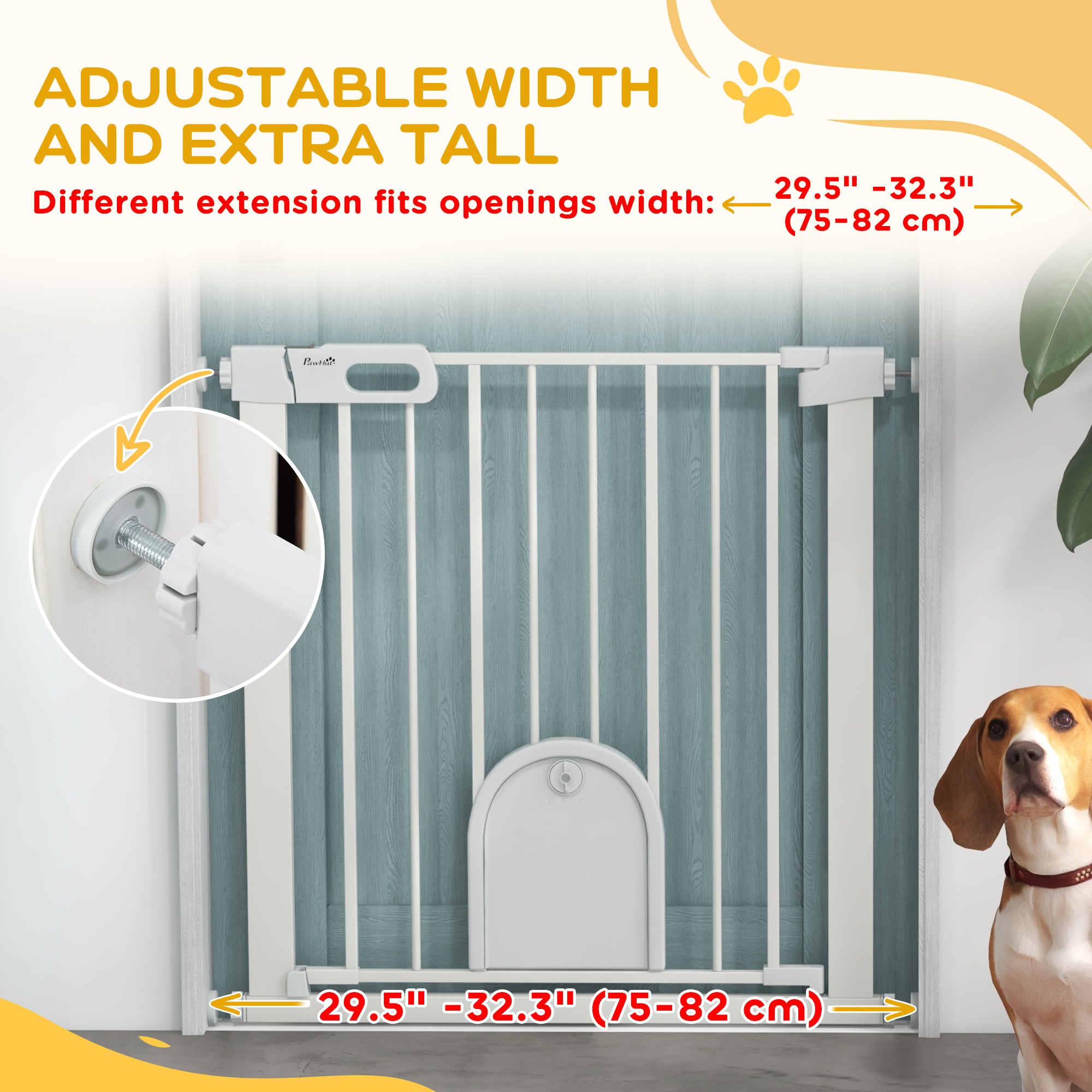 30"-32" Extra Wide Pet Gate with Small Door, 30"H Dog Gate with Safety Gate Barrier, Stair Pressure Fit, Auto Close, Double Locking, for Doorways, Hallways, White