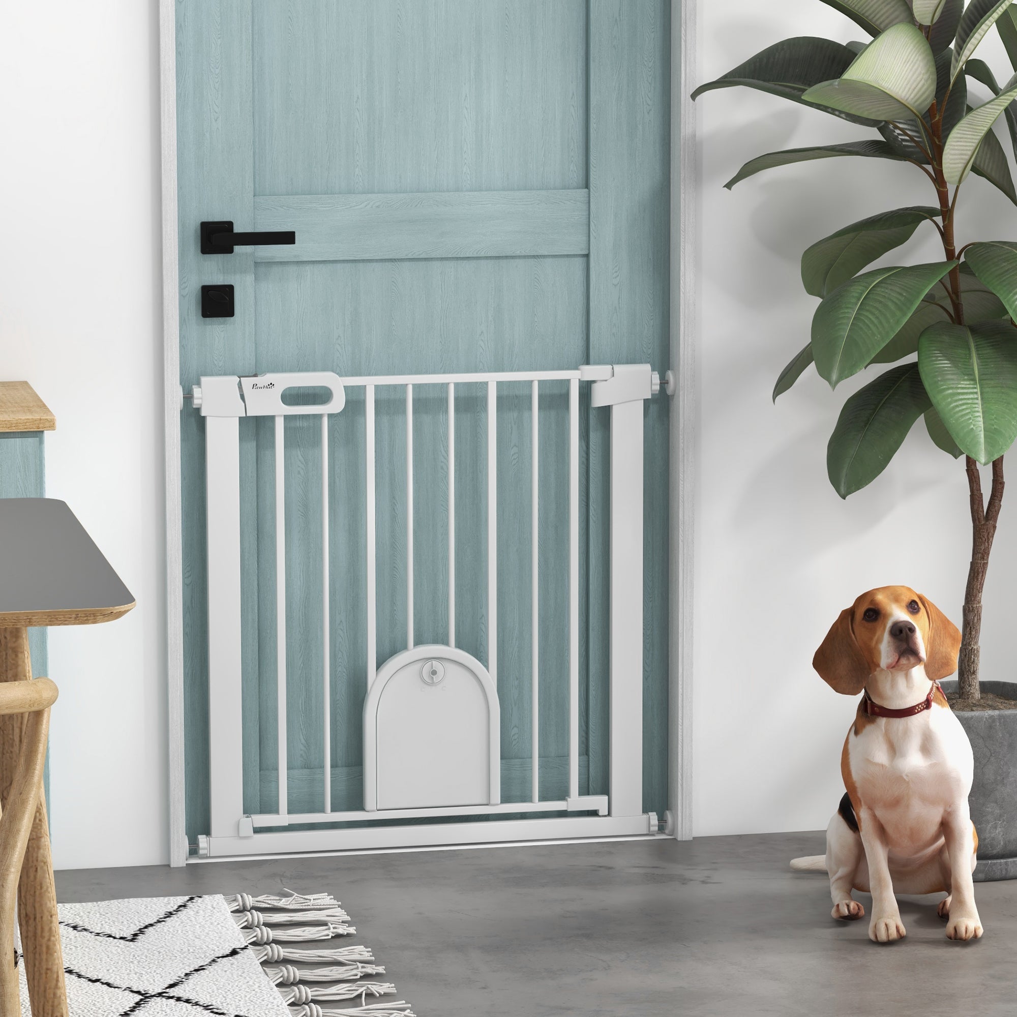 30"-32" Extra Wide Pet Gate with Small Door, 30"H Dog Gate with Safety Gate Barrier, Stair Pressure Fit, Auto Close, Double Locking, for Doorways, Hallways, White