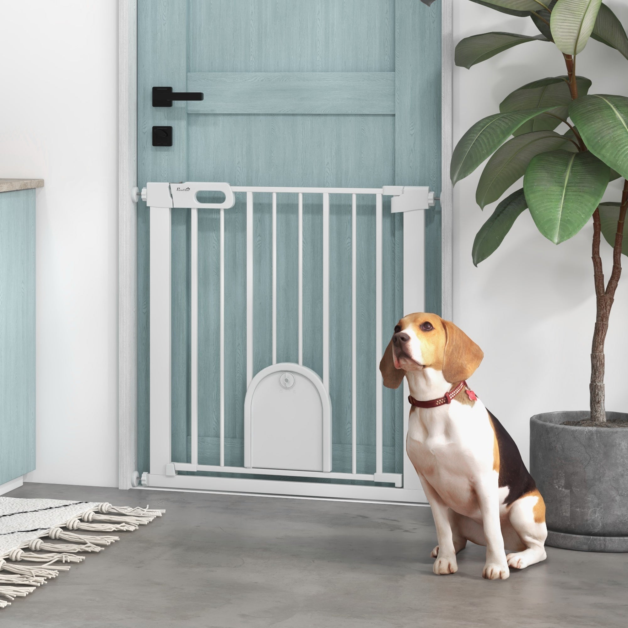 30"-32" Extra Wide Pet Gate with Small Door, 30"H Dog Gate with Safety Gate Barrier, Stair Pressure Fit, Auto Close, Double Locking, for Doorways, Hallways, White