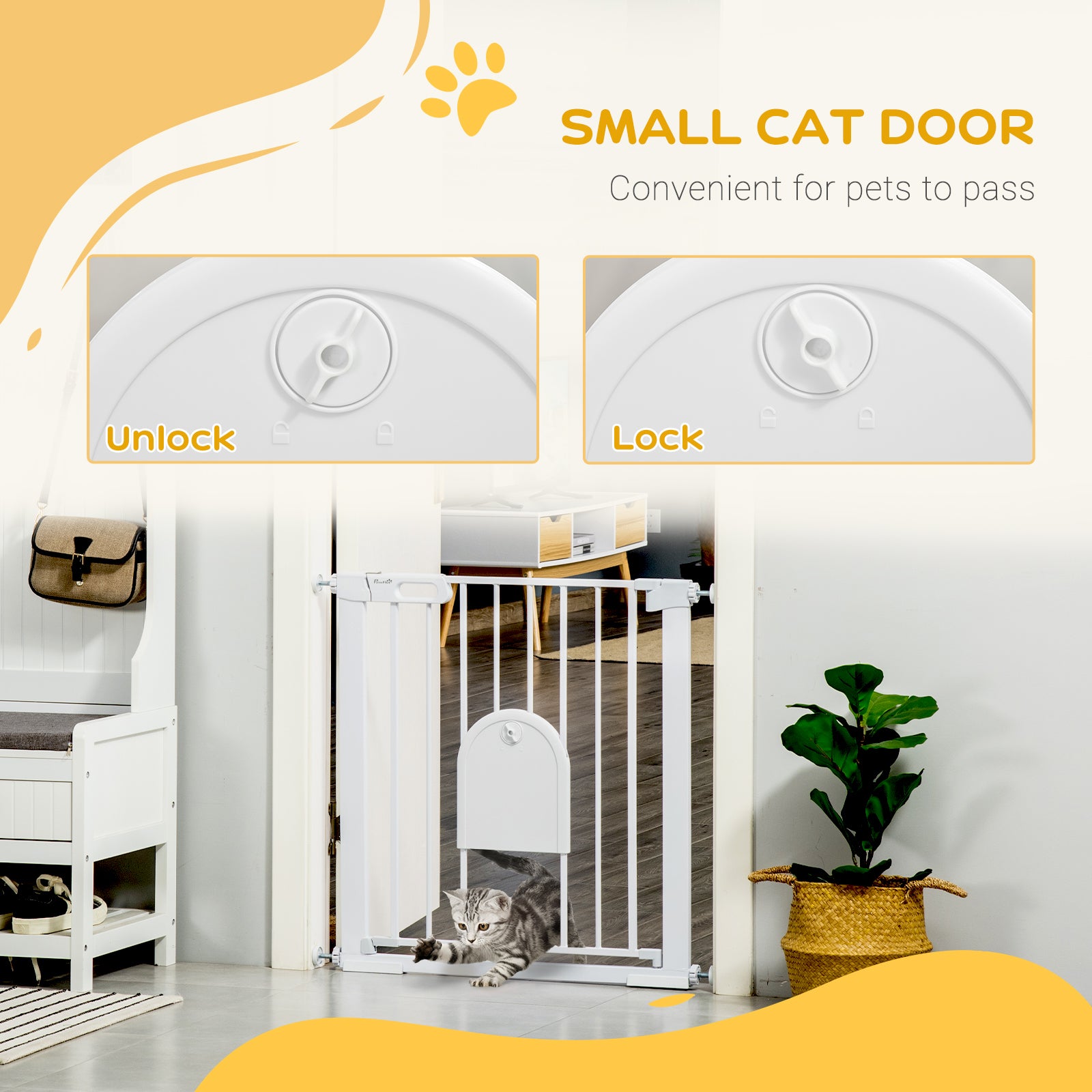 30"-32" Extra Wide Pet Gate with Small Door, 30"H Dog Gate with Safety Gate Barrier, Stair Pressure Fit, Auto Close, Double Locking, for Doorways, Hallways, White