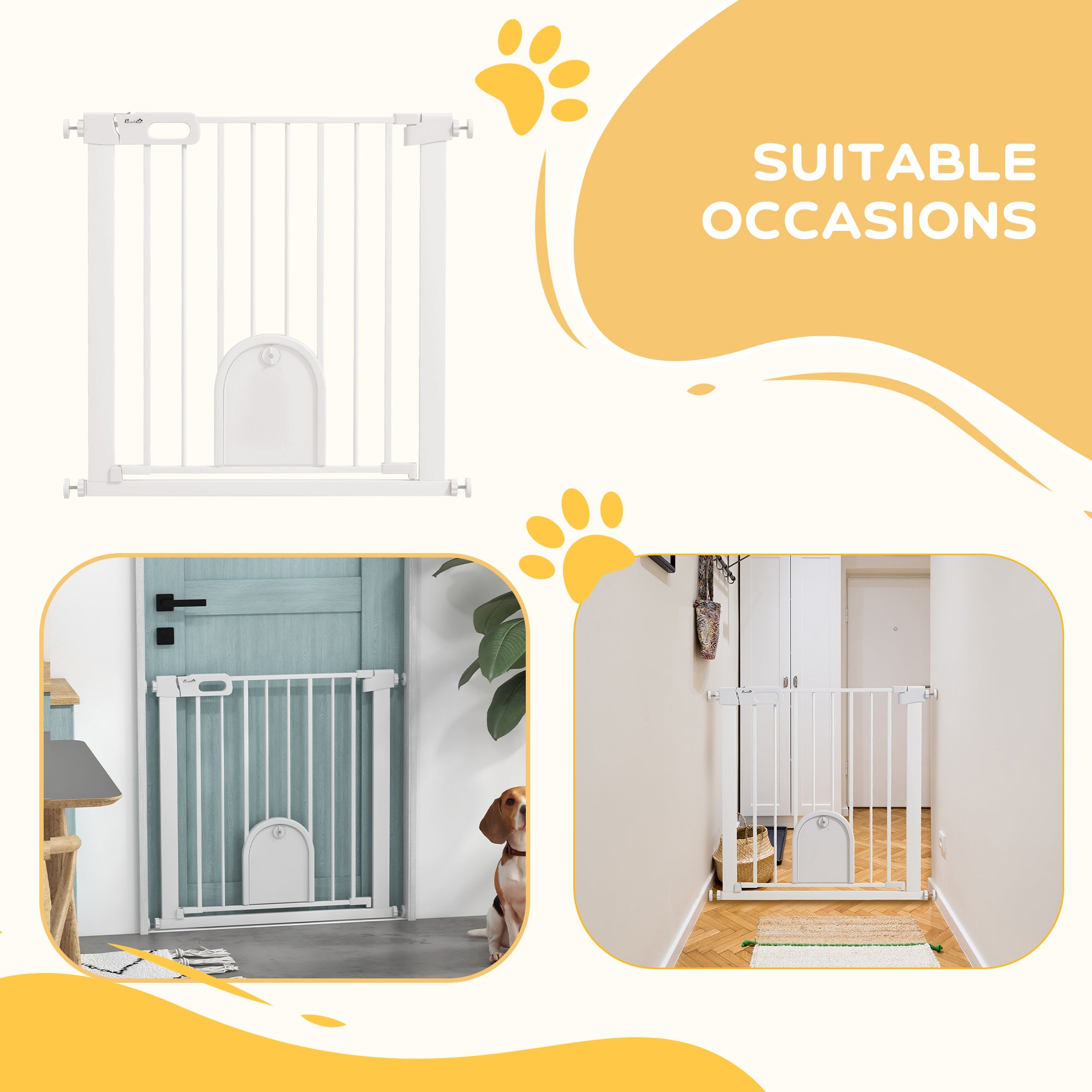 30"-32" Extra Wide Pet Gate with Small Door, 30"H Dog Gate with Safety Gate Barrier, Stair Pressure Fit, Auto Close, Double Locking, for Doorways, Hallways, White