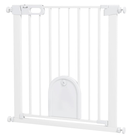 30"-32" Extra Wide Pet Gate with Small Door, 30"H Dog Gate with Safety Gate Barrier, Stair Pressure Fit, Auto Close, Double Locking, for Doorways, Hallways, White
