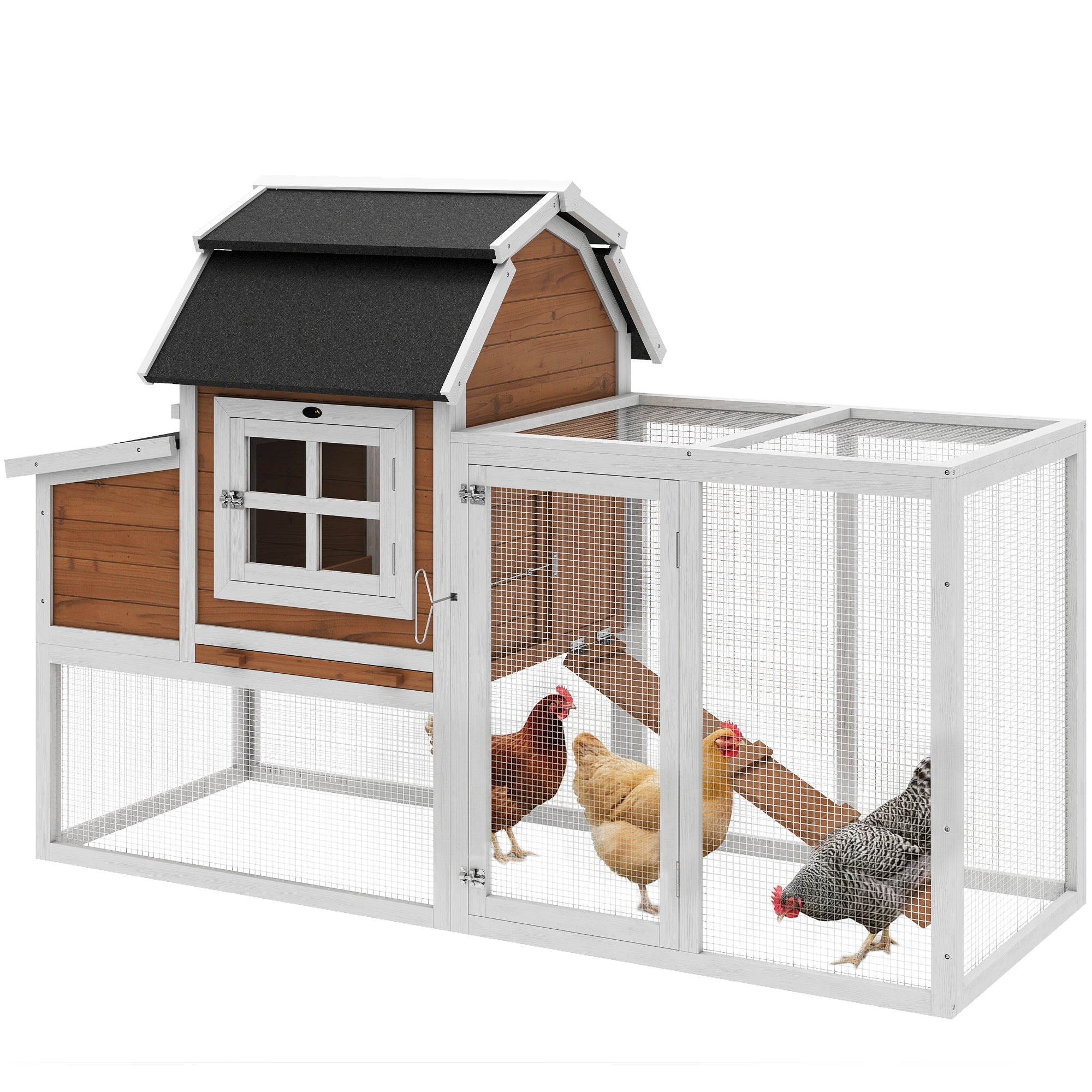 71" Chicken Coop for 3 Chickens, Wooden Hen House Outdoor Duck House with Run, Removable Tray, Nesting Box, Waterproof Asphalt Roof, Ramp and Perches, Bunny Hutch, Brown