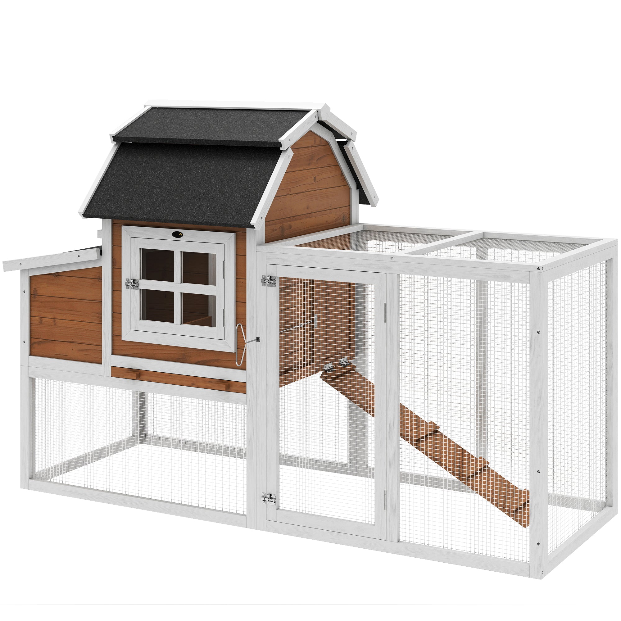 71" Chicken Coop for 3 Chickens, Wooden Hen House Outdoor Duck House with Run, Removable Tray, Nesting Box, Waterproof Asphalt Roof, Ramp and Perches, Bunny Hutch, Brown