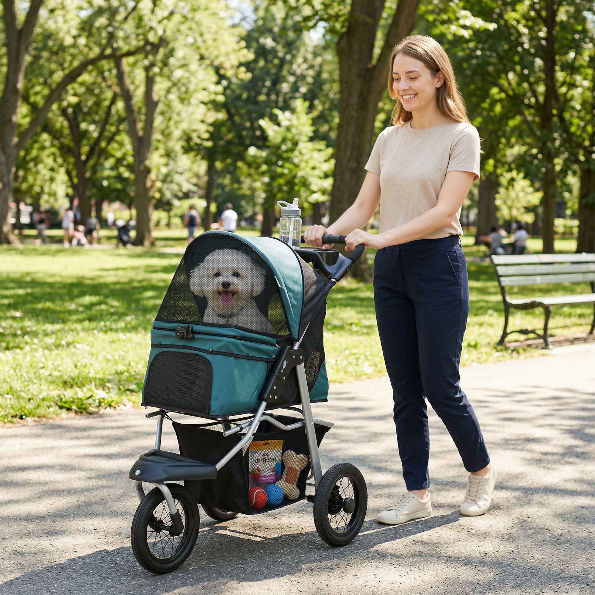 Dog Stroller for Small Dogs, 3 Wheel Foldable Pet Stroller with 12" Rubber Wheels, Mesh Window, One-Foot Brake, Storage Basket and Cup Holder, Up to 22 LBS, Dark Green