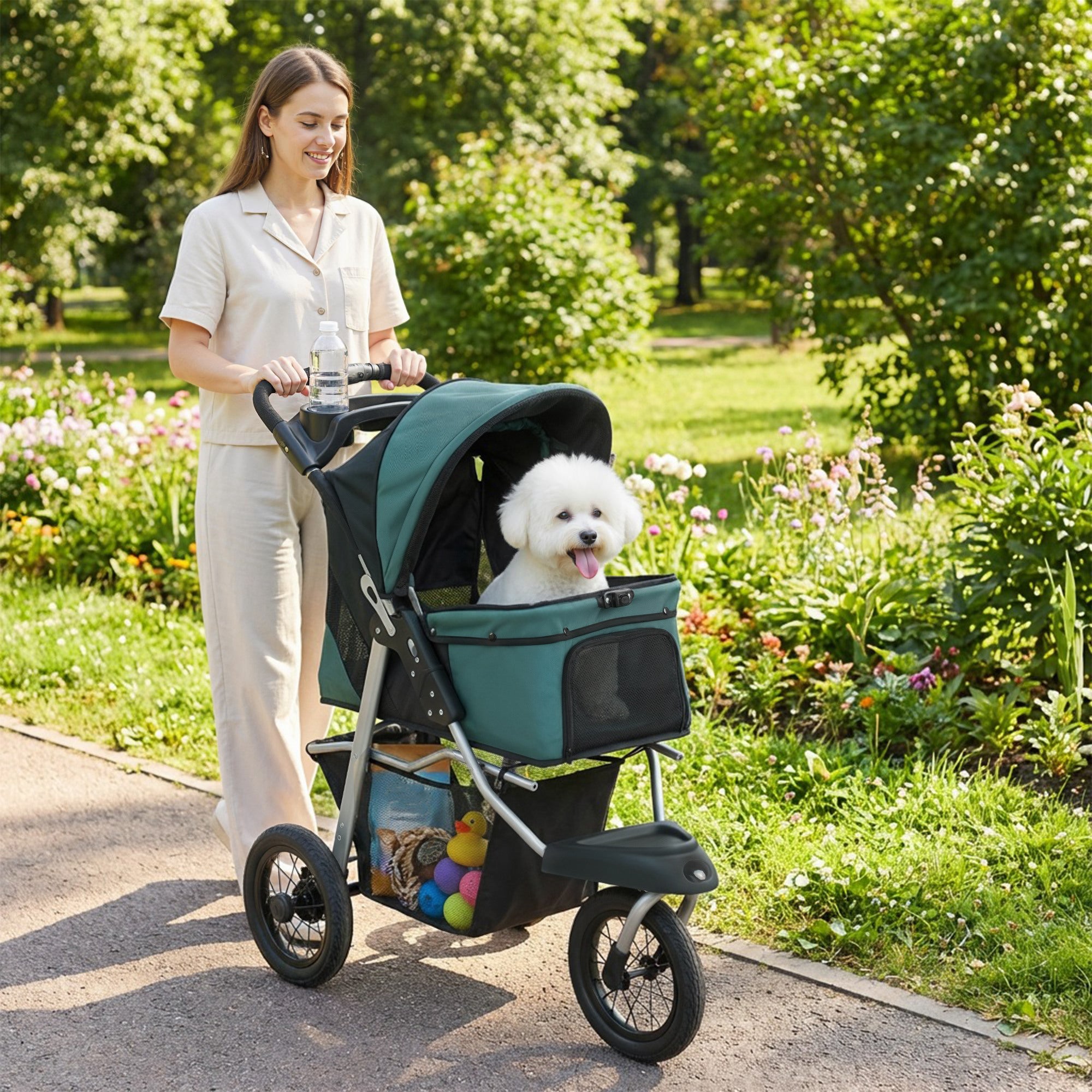 Dog Stroller for Small Dogs, 3 Wheel Foldable Pet Stroller with 12" Rubber Wheels, Mesh Window, One-Foot Brake, Storage Basket and Cup Holder, Up to 22 LBS, Dark Green