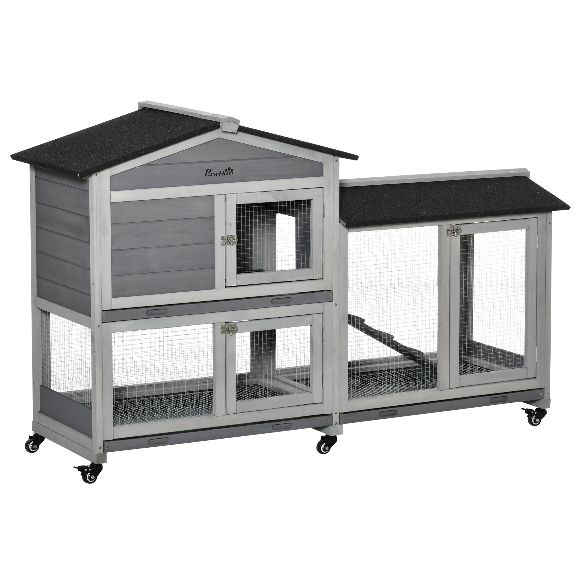 62" Wooden Rabbit Hutch, Bunny Cage with Wheels, Run Box, Tray, Ramp for Small Animals, Guinea Pig, Indoor Outdoor Use, Light Grey