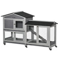 Load image into Gallery viewer, PawHut 62" Rabbit Hutch, Wooden Bunny Hutch, Guinea Pig Cage, Small Animal Enclosure with Wheels, Run Area, Removable Tray, Asphalt Roof, Lockable Doors and Ramp, Gray
