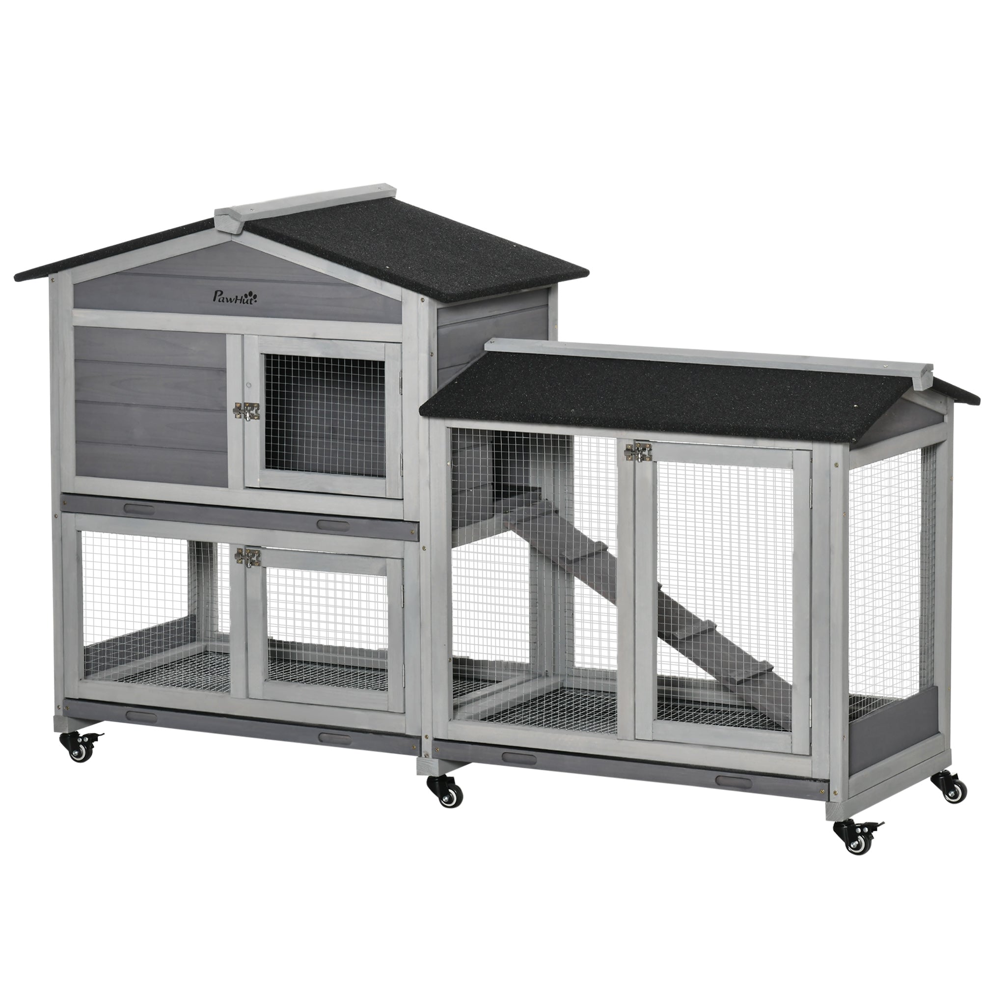 PawHut 62" Rabbit Hutch, Wooden Bunny Hutch, Guinea Pig Cage, Small Animal Enclosure with Wheels, Run Area, Removable Tray, Asphalt Roof, Lockable Doors and Ramp, Gray